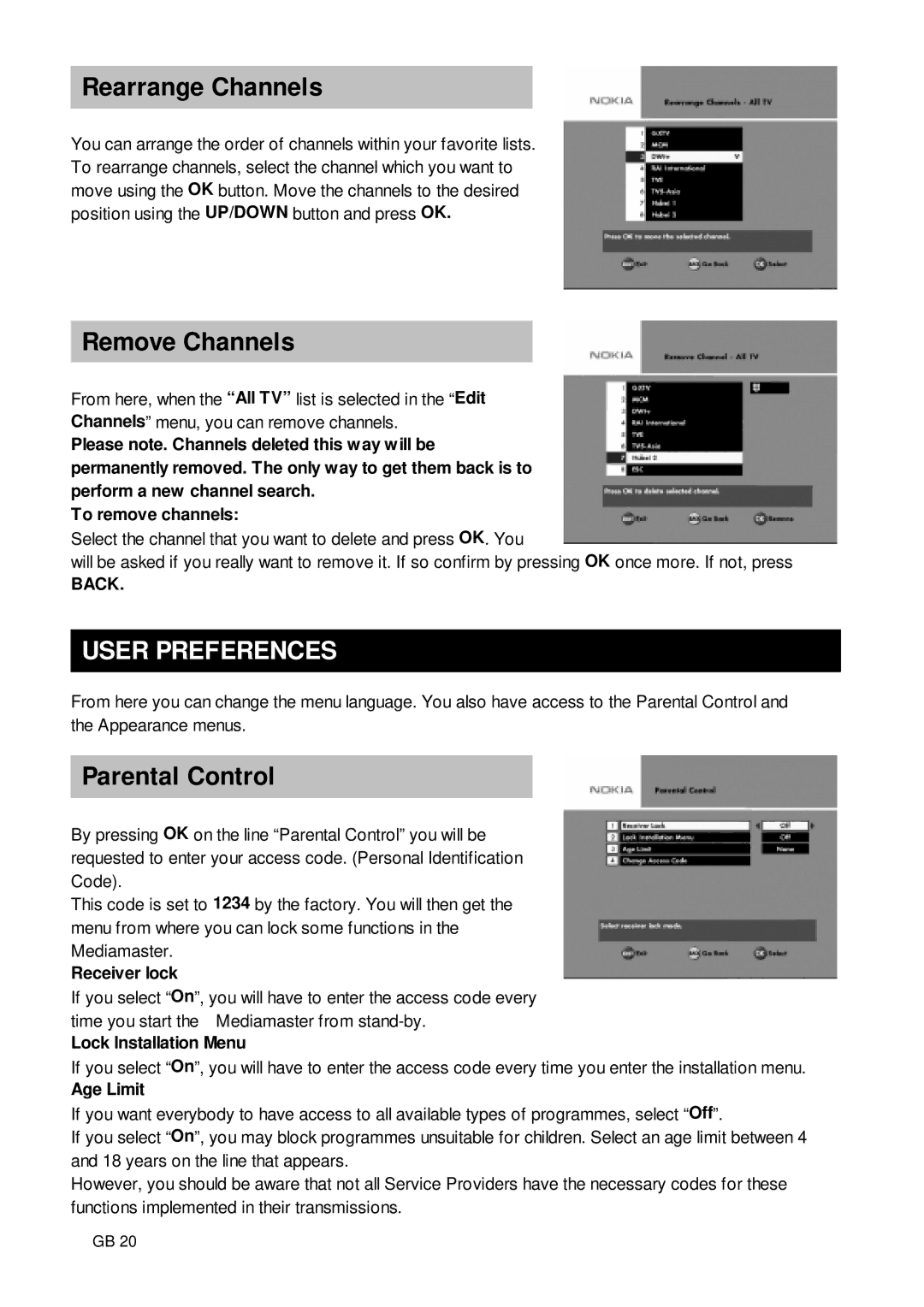 Nokia 9650S owner manual Rearrange Channels, Remove Channels, User Preferences, Parental Control 