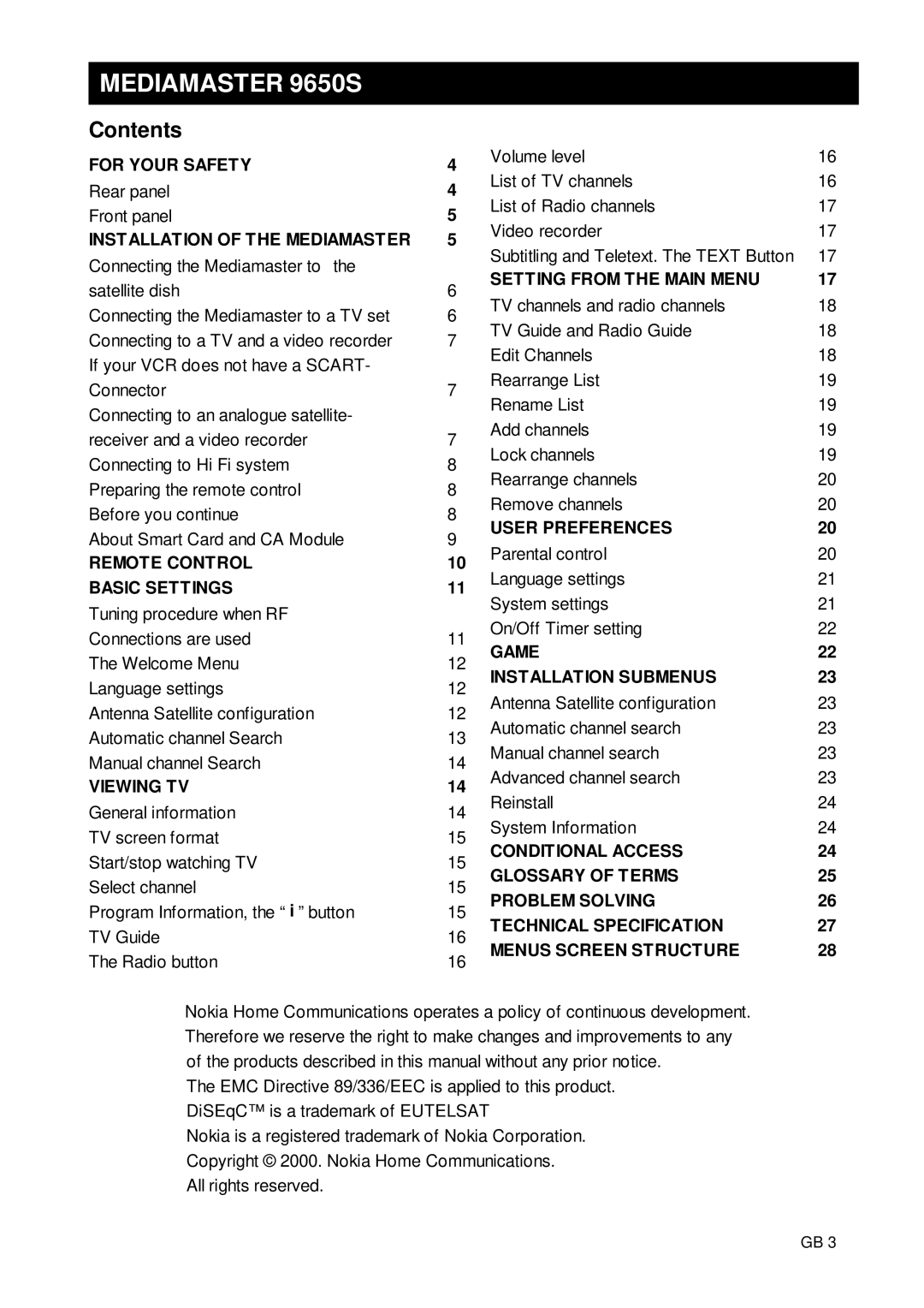 Nokia owner manual Mediamaster 9650S, Contents 