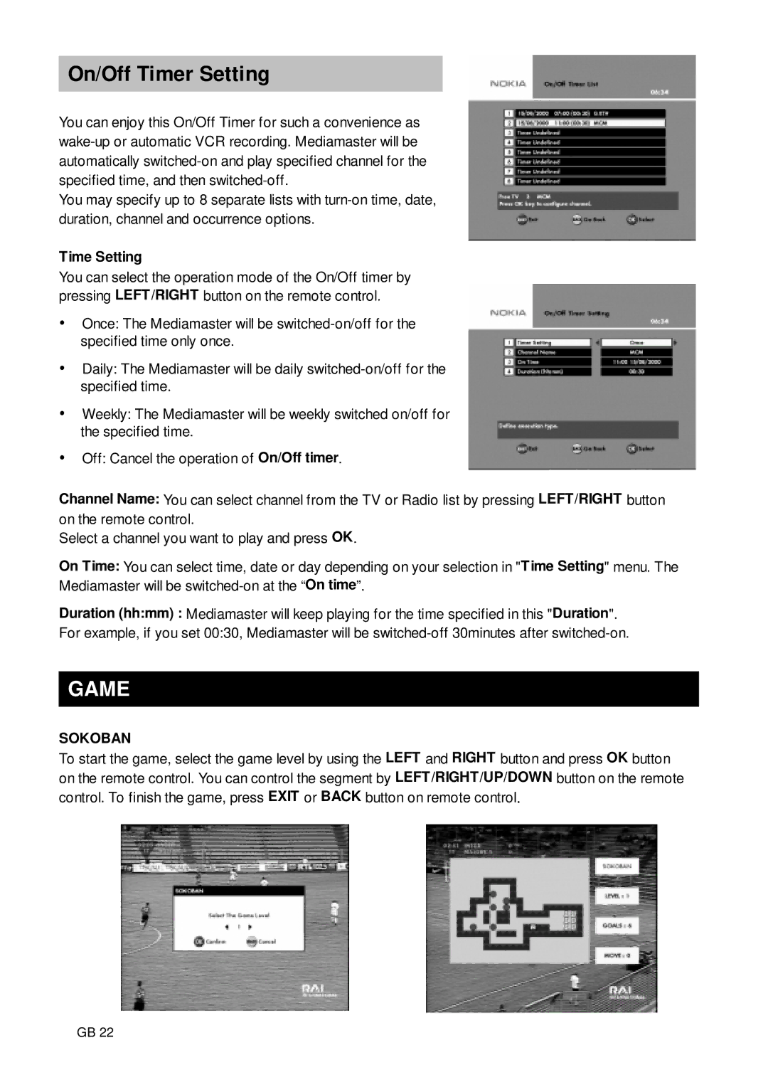 Nokia 9650S owner manual On/Off Timer Setting, Game, Time Setting 