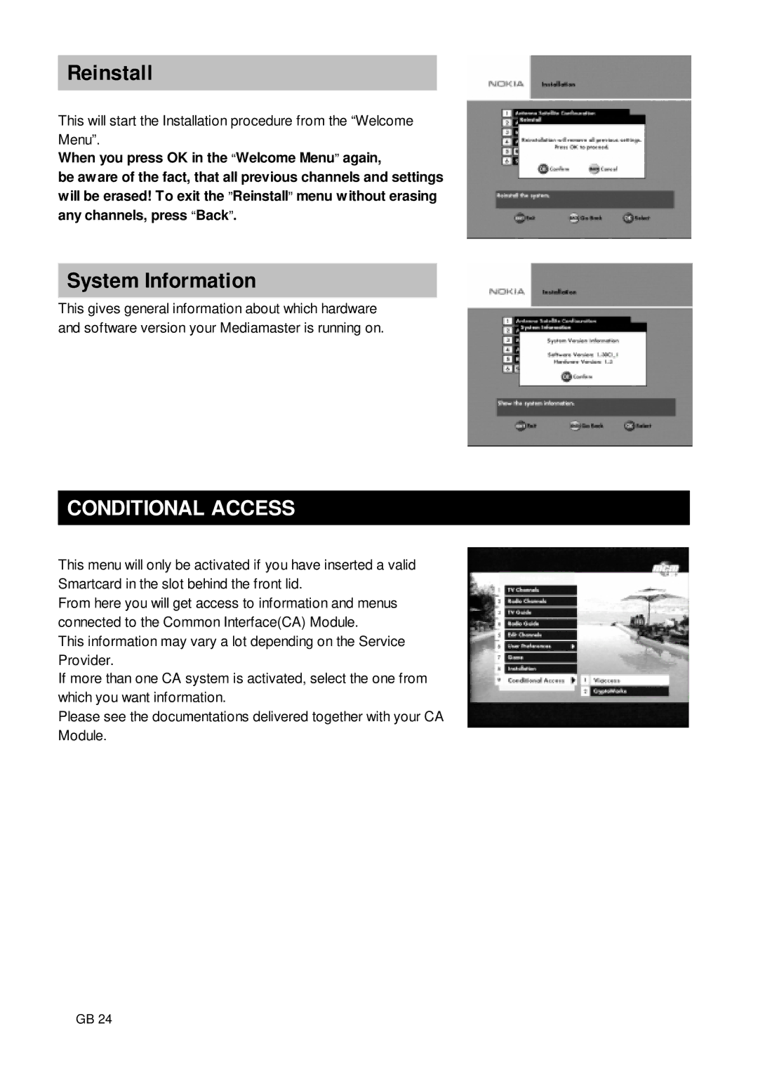 Nokia 9650S owner manual Reinstall, System Information, Conditional Access 