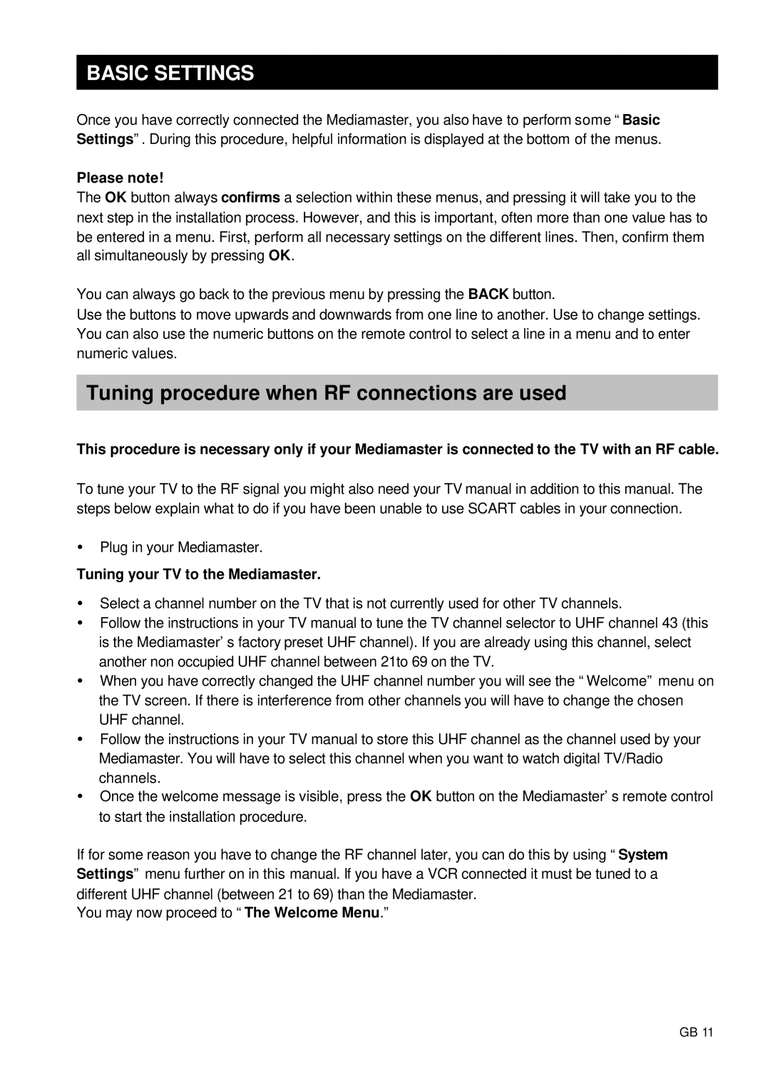 Nokia 9660S Basic Settings, Tuning procedure when RF connections are used, Please note, Tuning your TV to the Mediamaster 