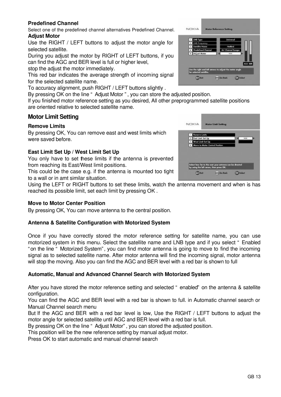 Nokia 9660S owner manual Predefined Channel, Adjust Motor, Remove Limits, East Limit Set Up / West Limit Set Up 