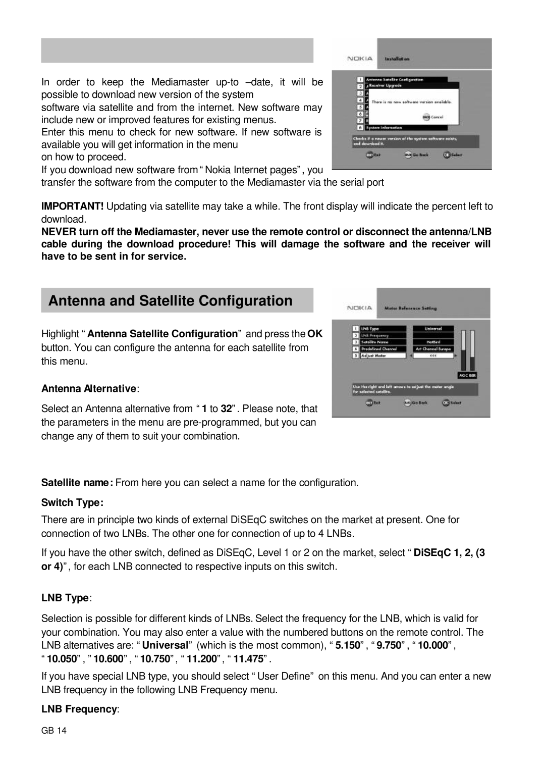 Nokia 9660S owner manual Antenna and Satellite Configuration, Switch Type, LNB Frequency 