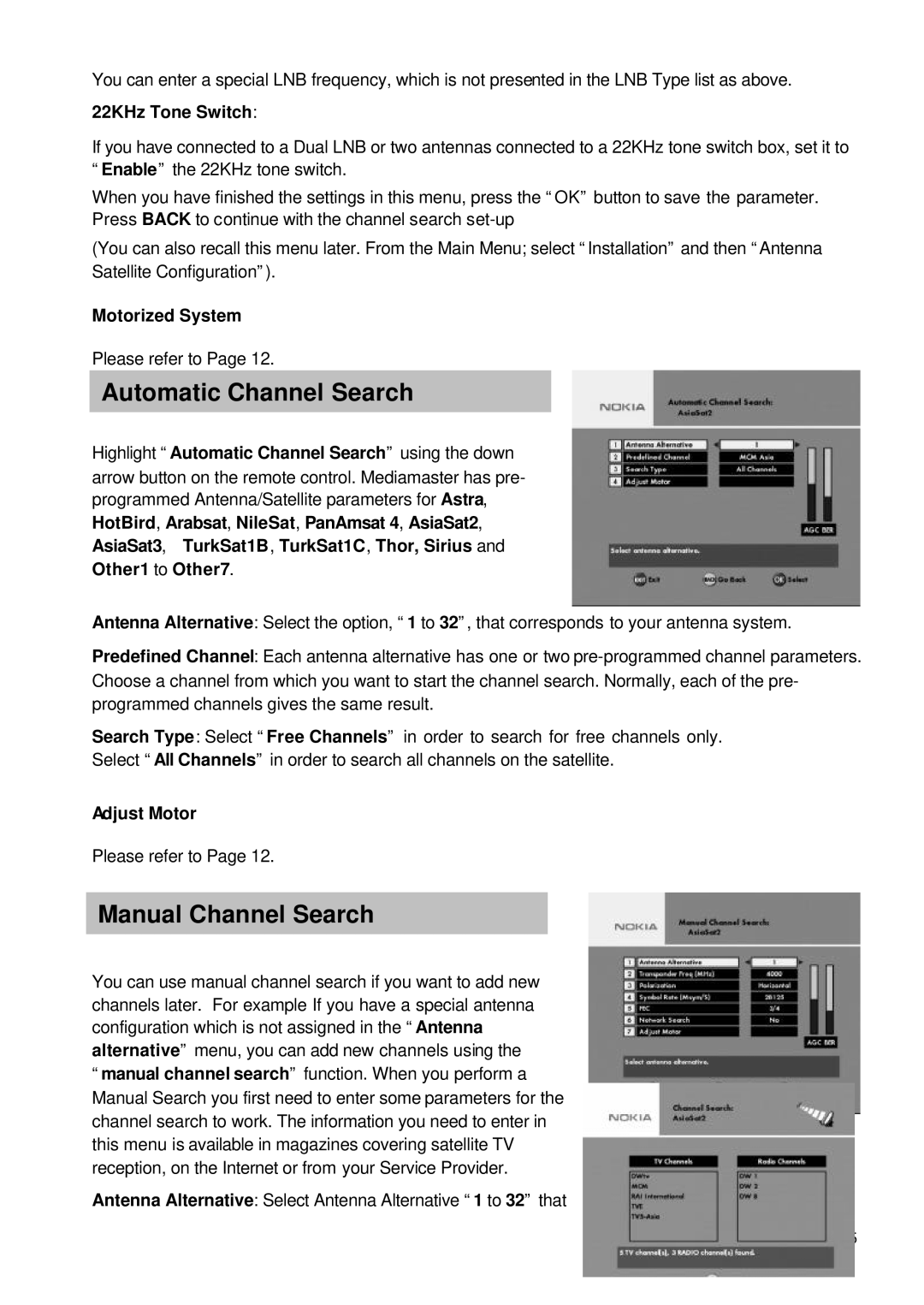 Nokia 9660S Automatic Channel Search, Manual Channel Search, 22KHz Tone Switch, Motorized System, Other1 to Other7 