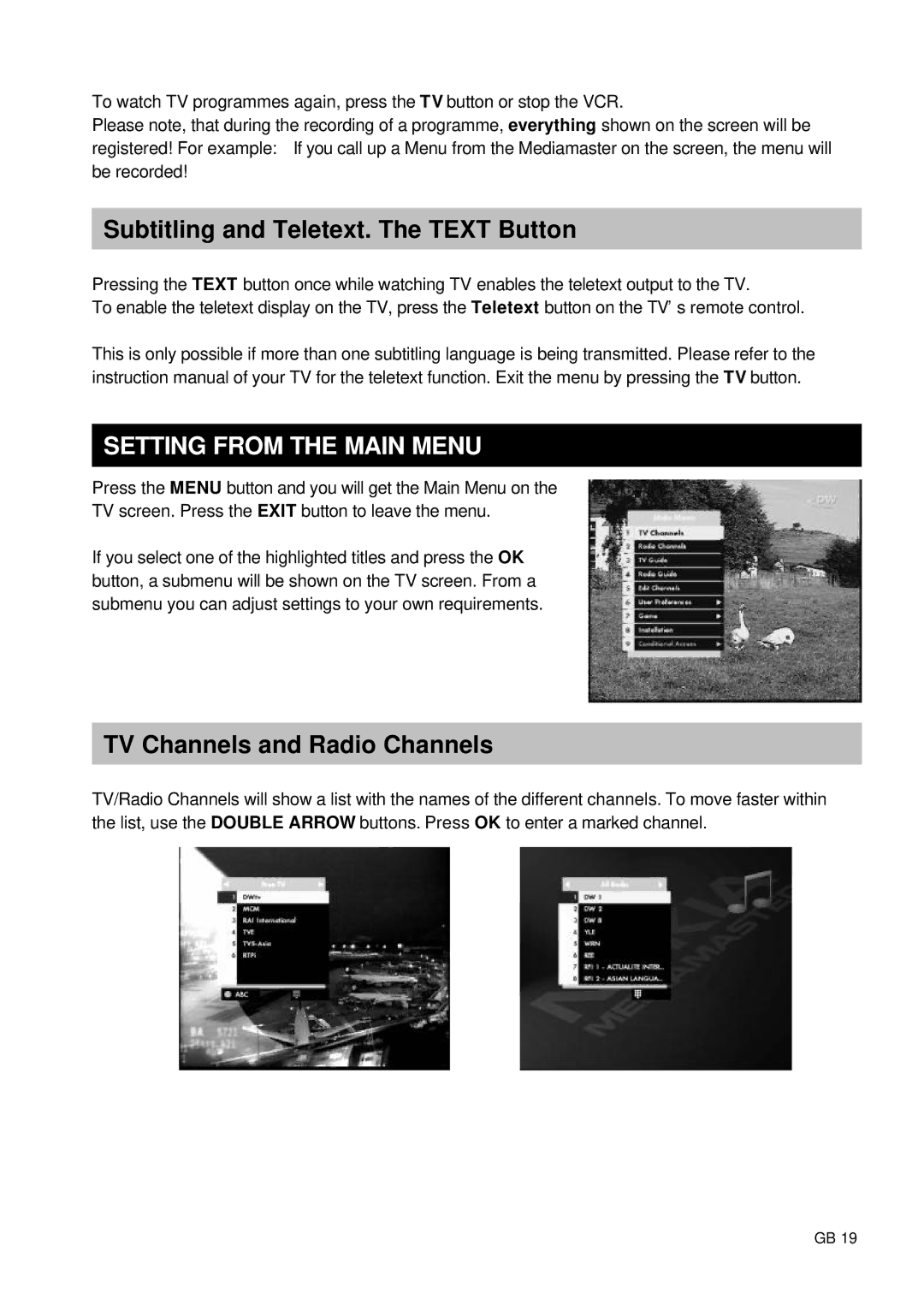 Nokia 9660S Subtitling and Teletext. The Text Button, Setting from the Main Menu, TV Channels and Radio Channels 