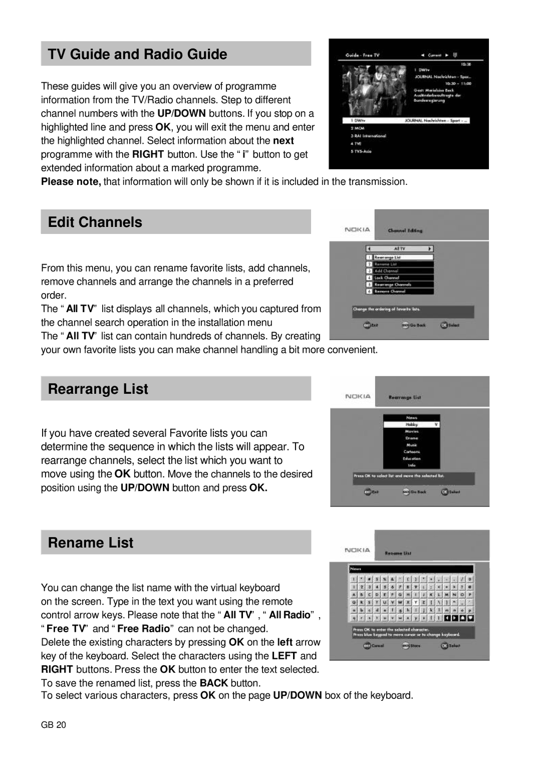 Nokia 9660S owner manual TV Guide and Radio Guide, Edit Channels, Rearrange List, Rename List 