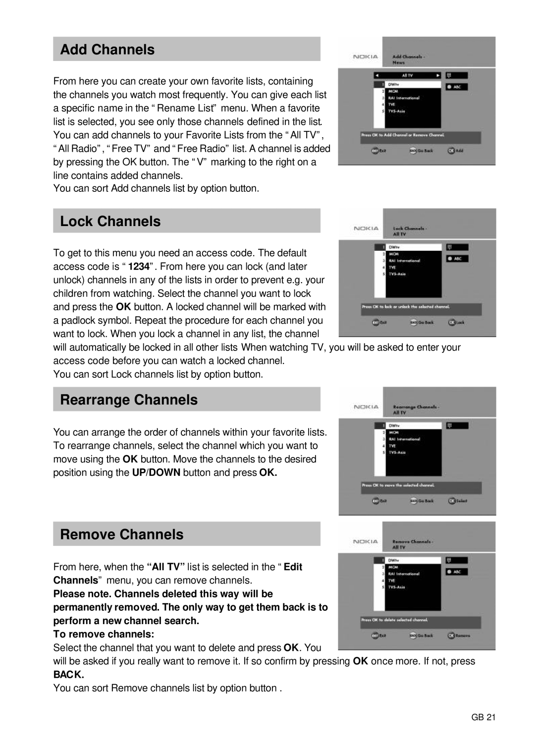 Nokia 9660S owner manual Add Channels, Lock Channels, Rearrange Channels, Remove Channels 