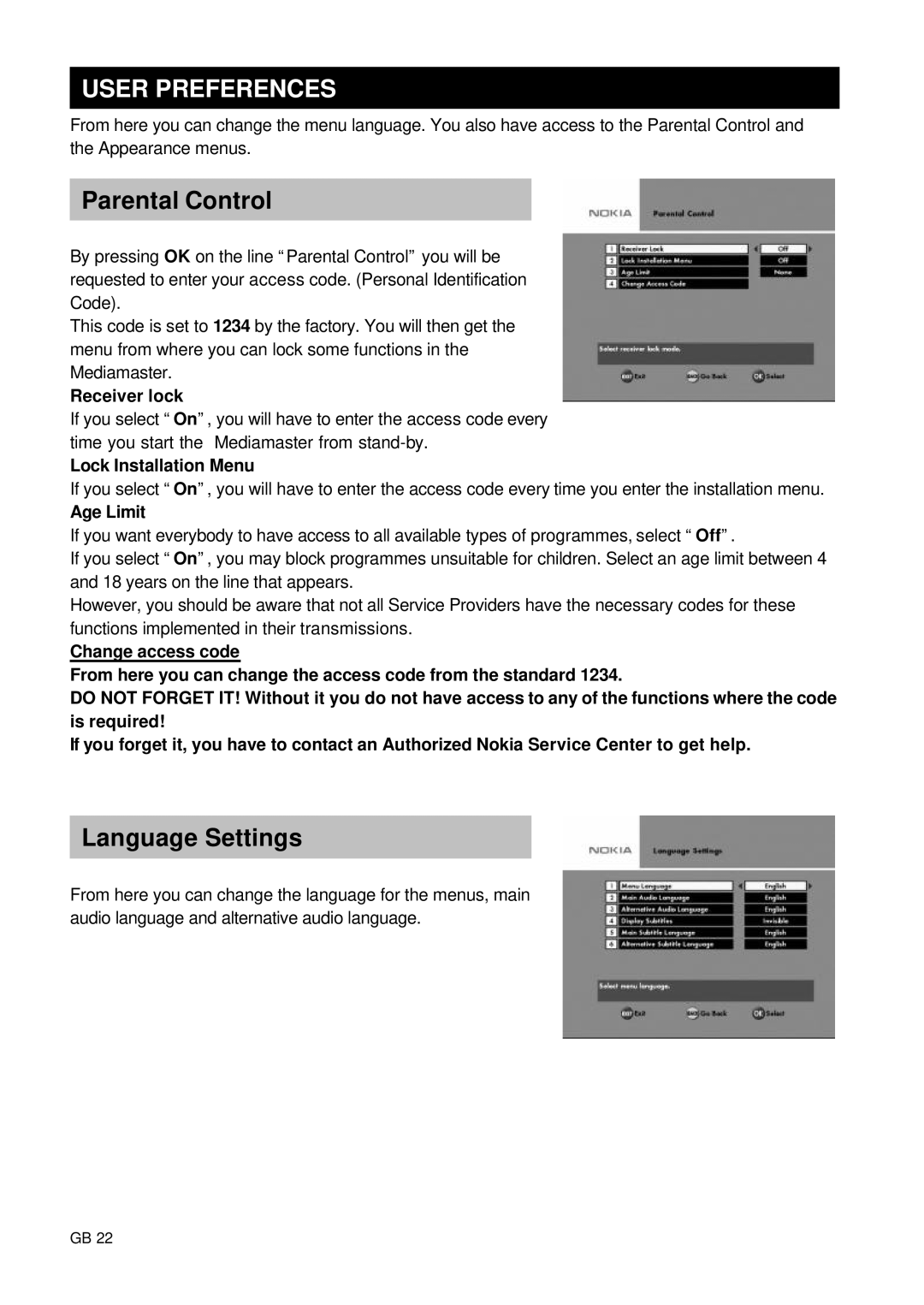 Nokia 9660S owner manual User Preferences, Parental Control, Receiver lock, Lock Installation Menu, Age Limit 