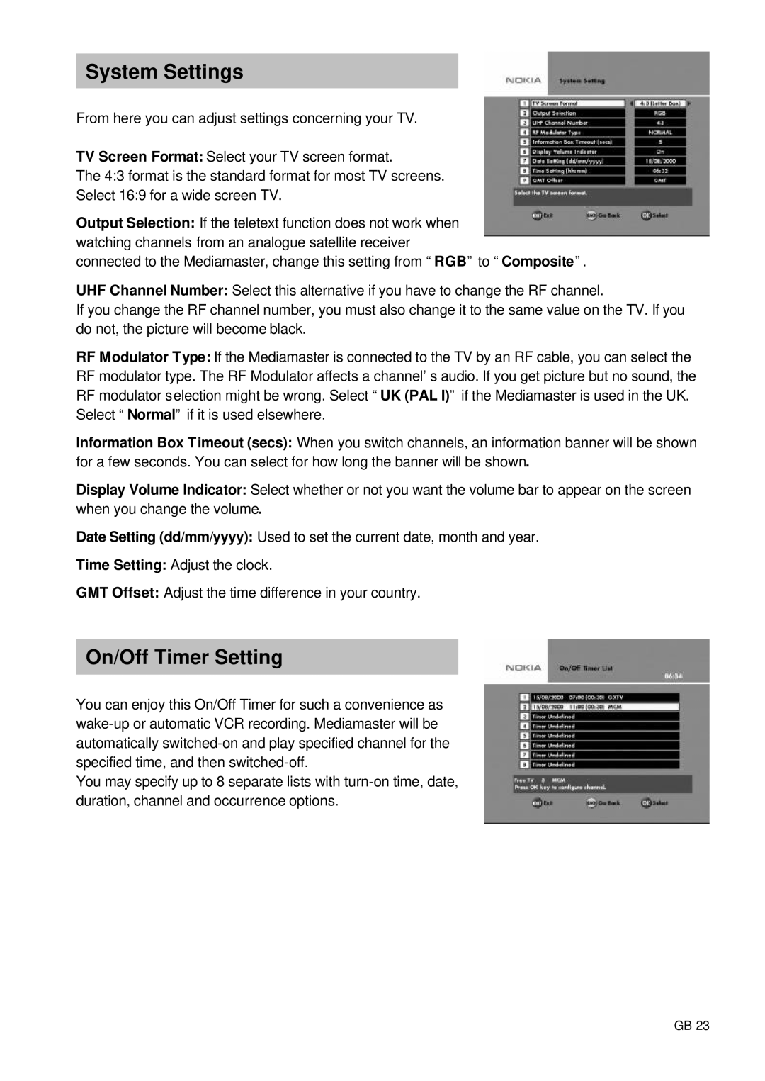 Nokia 9660S owner manual System Settings, On/Off Timer Setting 