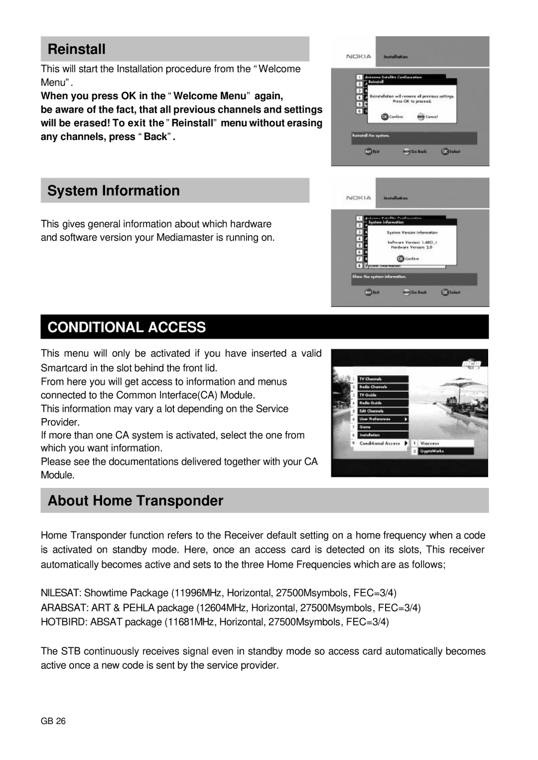 Nokia 9660S owner manual Reinstall, System Information, Conditional Access, About Home Transponder 