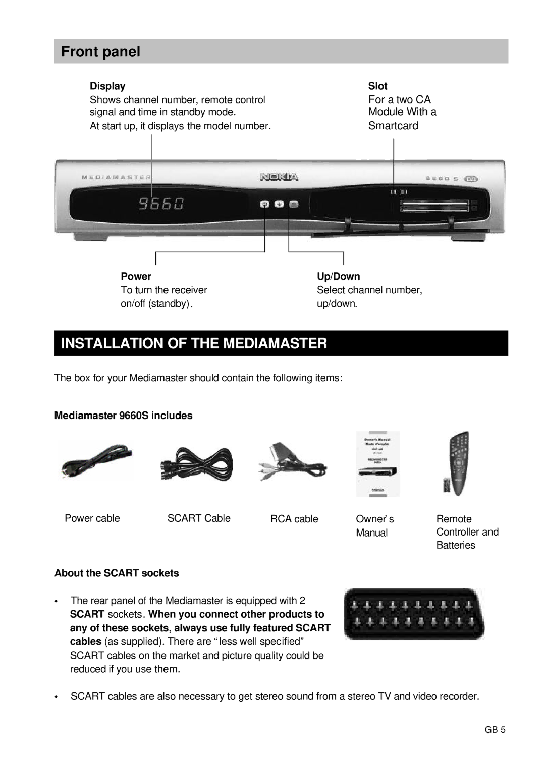 Nokia 9660S owner manual Front panel, Installation of the Mediamaster 