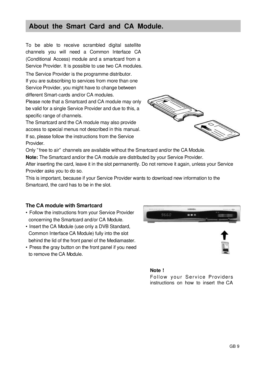 Nokia 9660S owner manual About the Smart Card and CA Module, CA module with Smartcard 