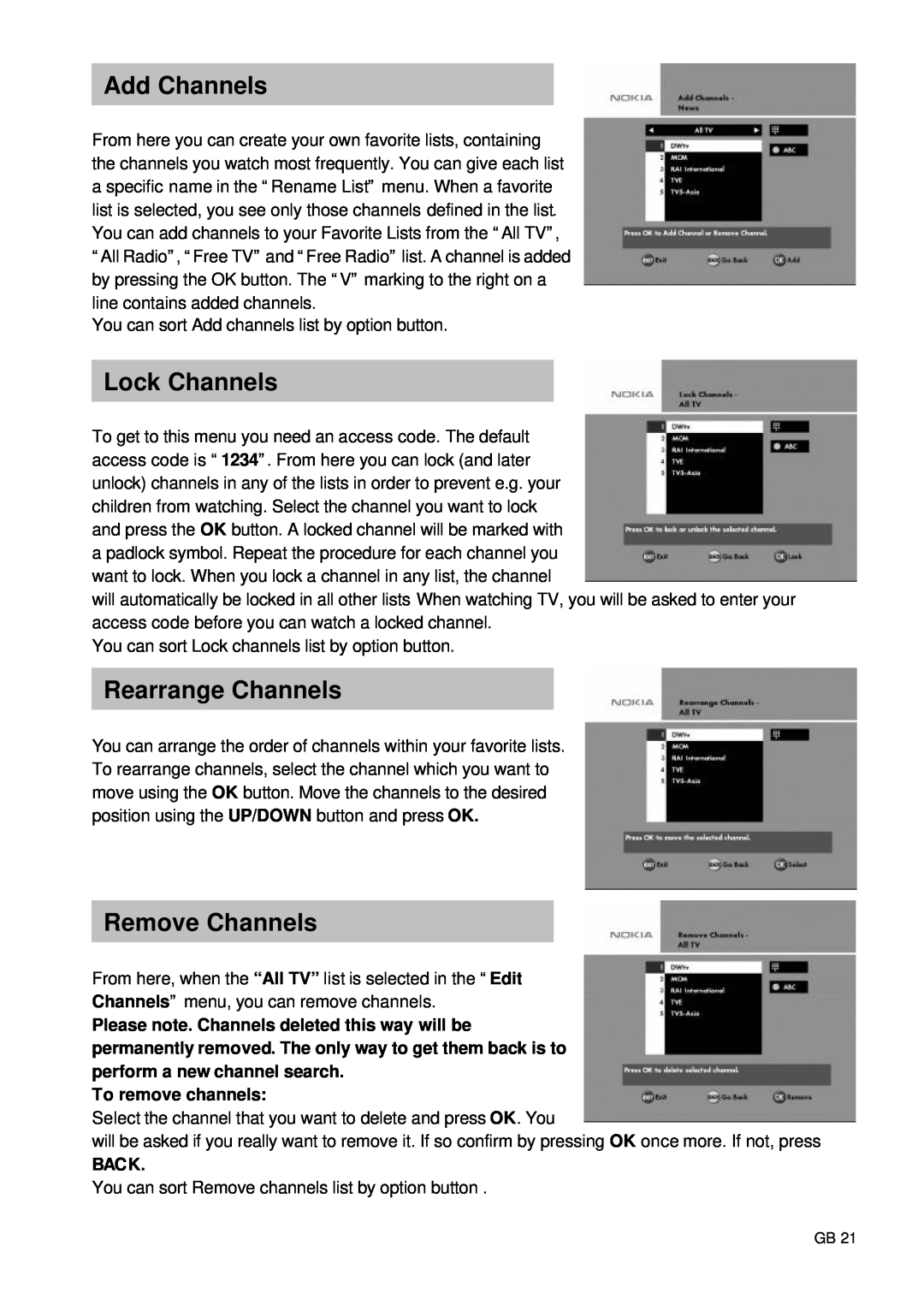 Nokia 9660S owner manual Add Channels, Lock Channels, Rearrange Channels, Remove Channels, To remove channels, Back 