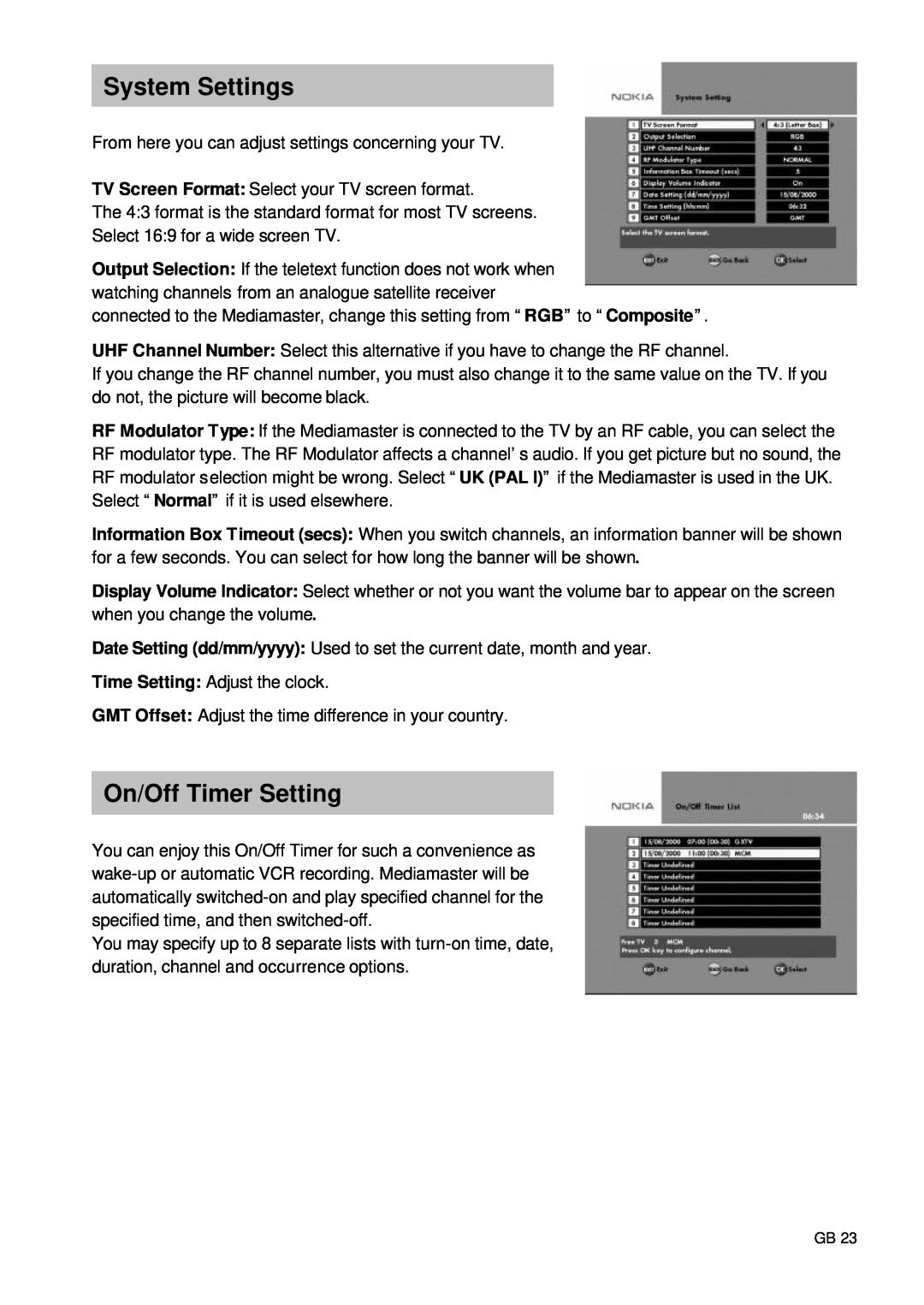 Nokia 9660S owner manual System Settings, On/Off Timer Setting 