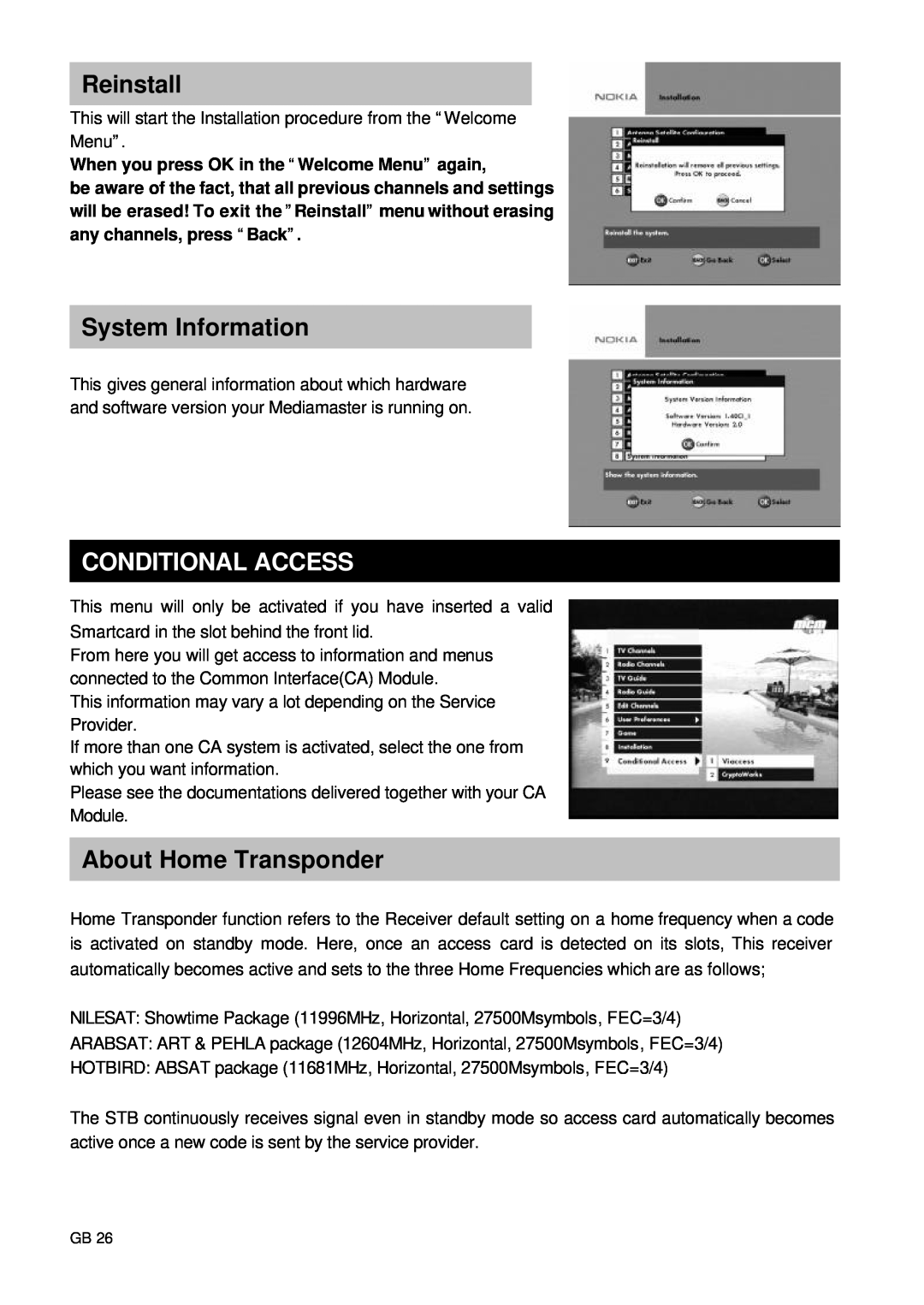 Nokia 9660S owner manual Reinstall, System Information, Conditional Access, About Home Transponder 