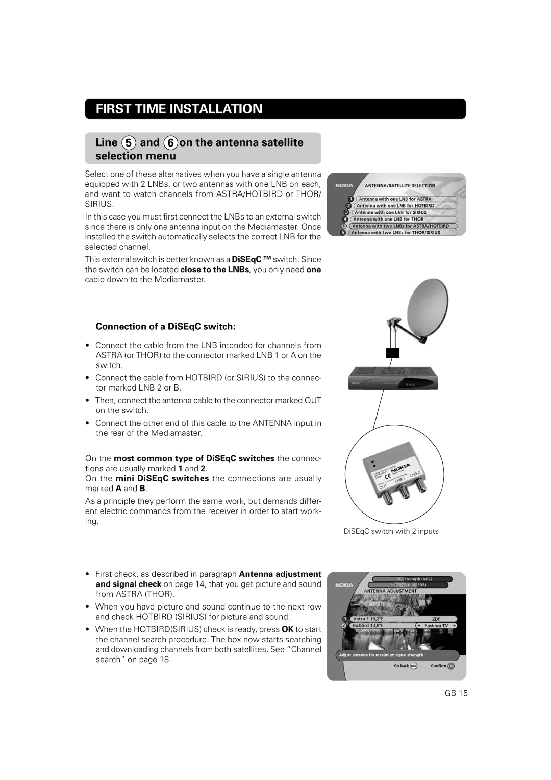 Nokia 9802 S owner manual Line 5 and 6 on the antenna satellite selection menu, Connection of a DiSEqC switch 