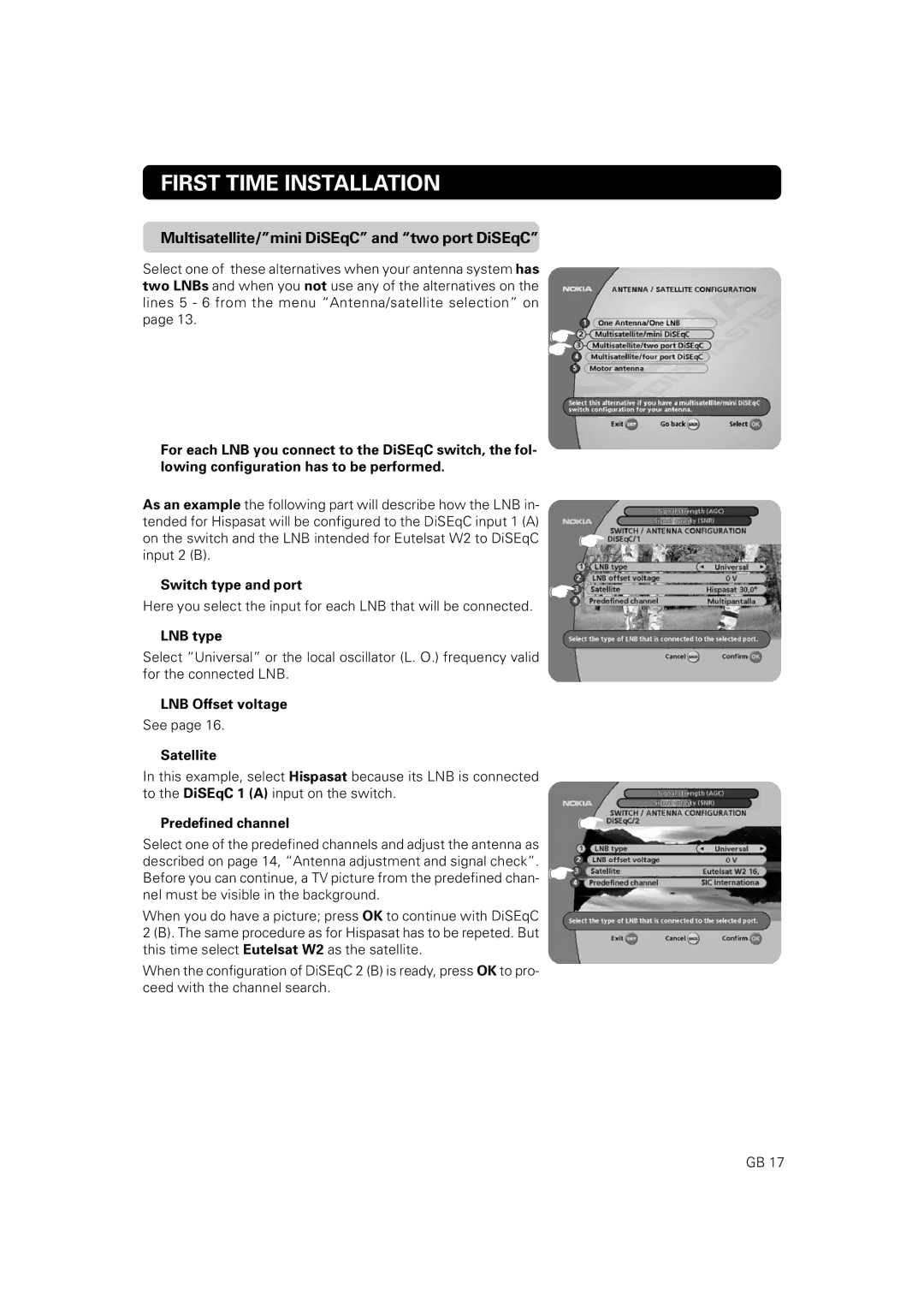 Nokia 9802 S owner manual Multisatellite/mini DiSEqC and two port DiSEqC, Switch type and port 