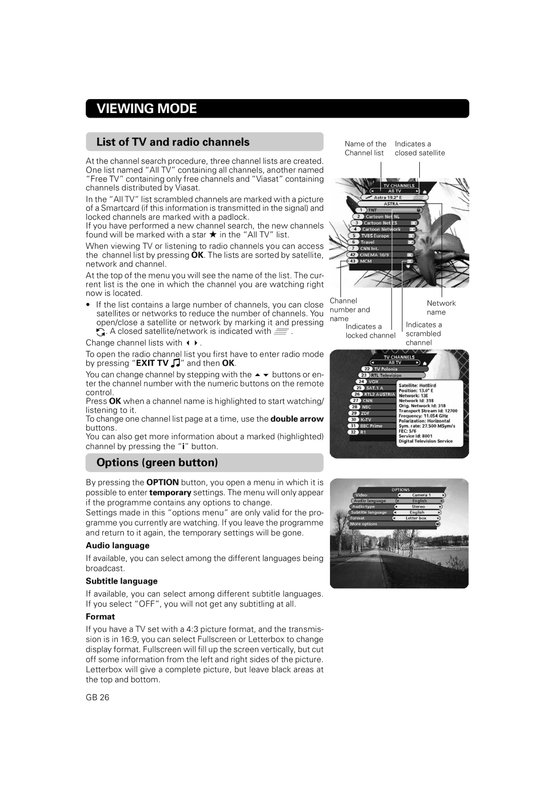 Nokia 9802 S owner manual List of TV and radio channels, Options green button, Audio language, Subtitle language, Format 