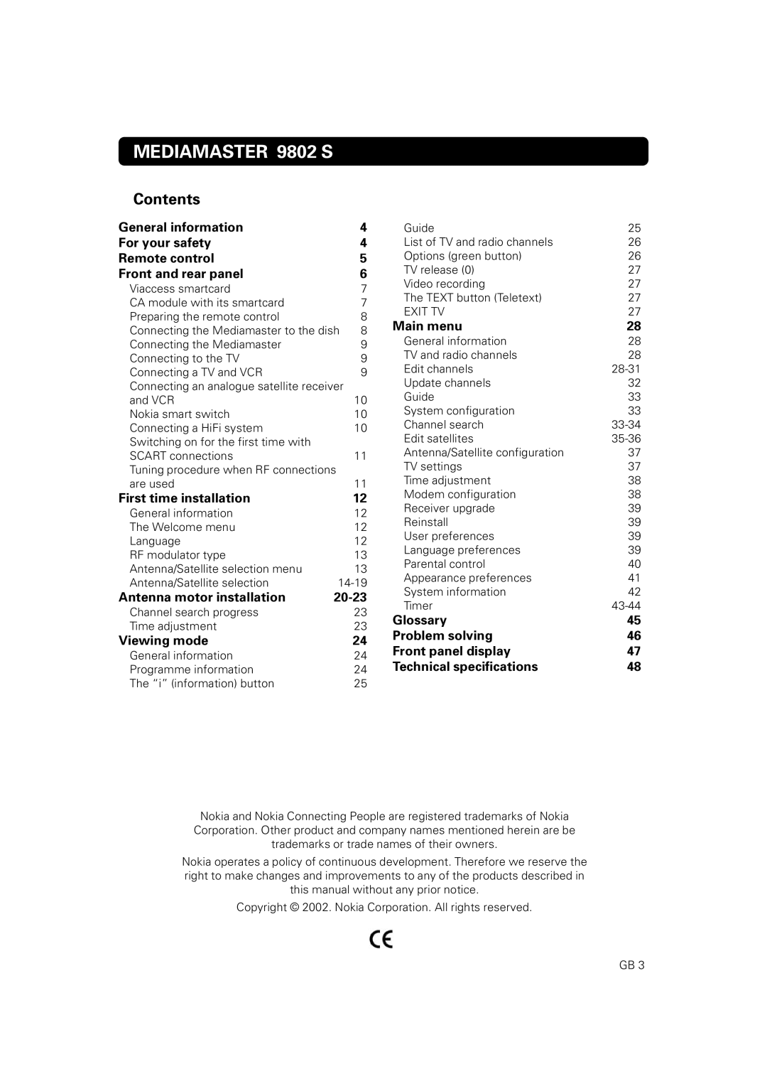 Nokia owner manual Mediamaster 9802 S, Contents 