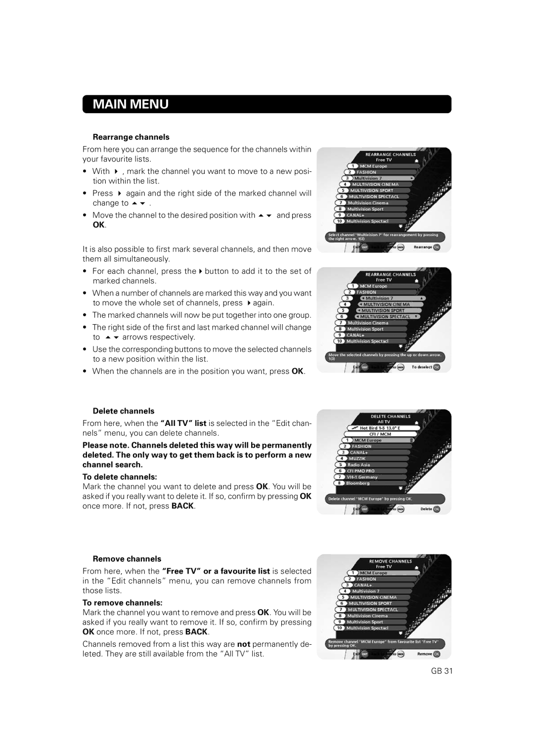 Nokia 9802 S owner manual Rearrange channels, Delete channels, Remove channels, To remove channels 