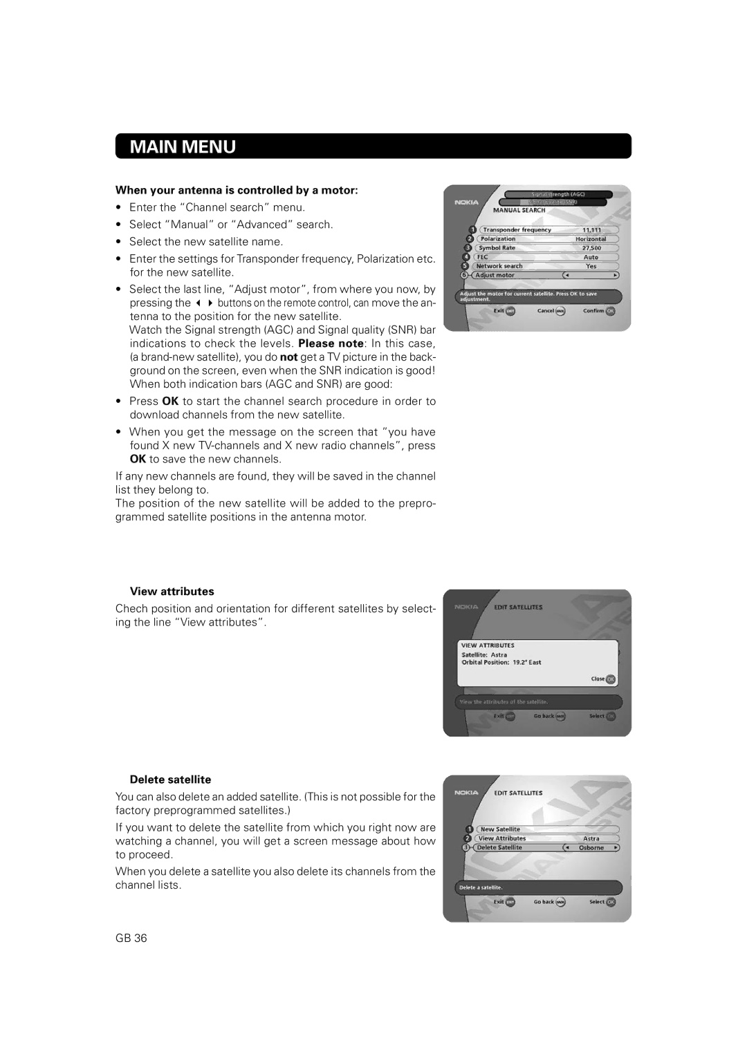 Nokia 9802 S owner manual When your antenna is controlled by a motor, View attributes, Delete satellite 