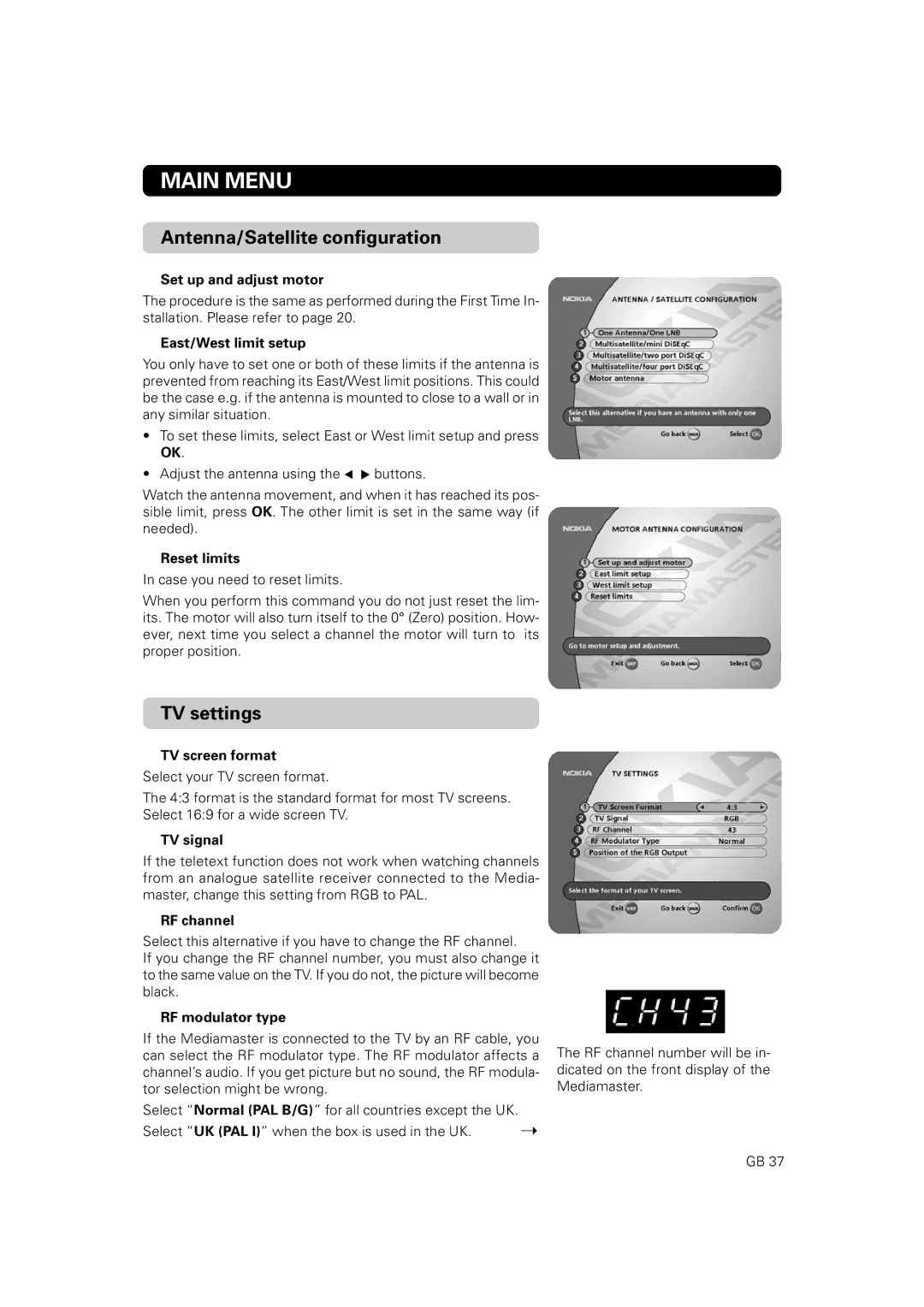 Nokia 9802 S owner manual Antenna/Satellite configuration, TV settings 