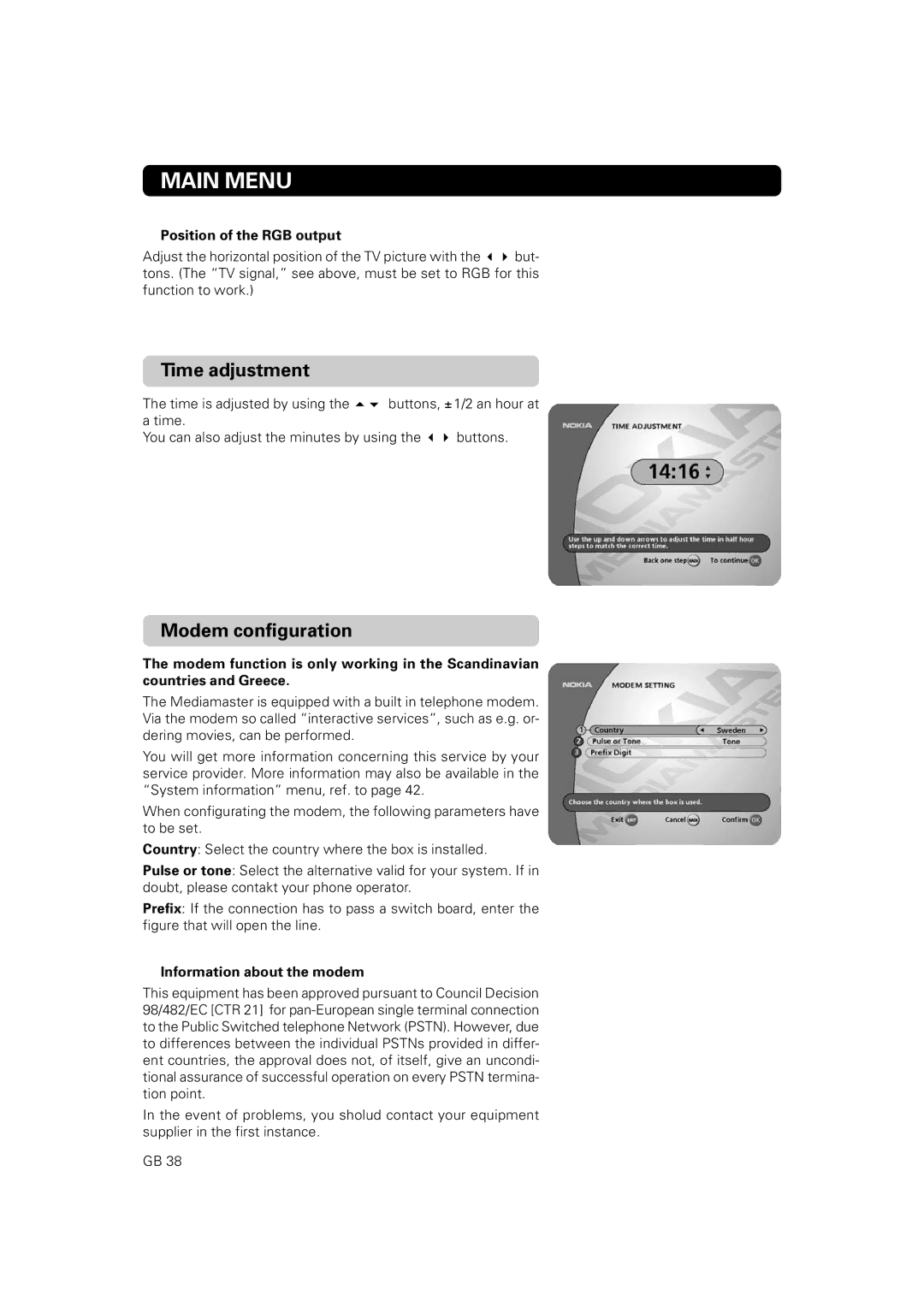 Nokia 9802 S owner manual Modem configuration, Position of the RGB output, Information about the modem 