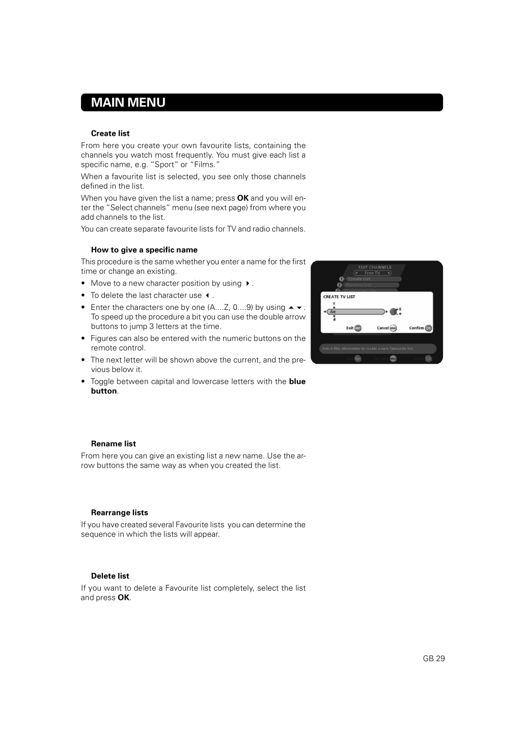 Nokia 9802 S owner manual Main Menu, Create list, How to give a specific name, Rename list, Rearrange lists, Delete list 
