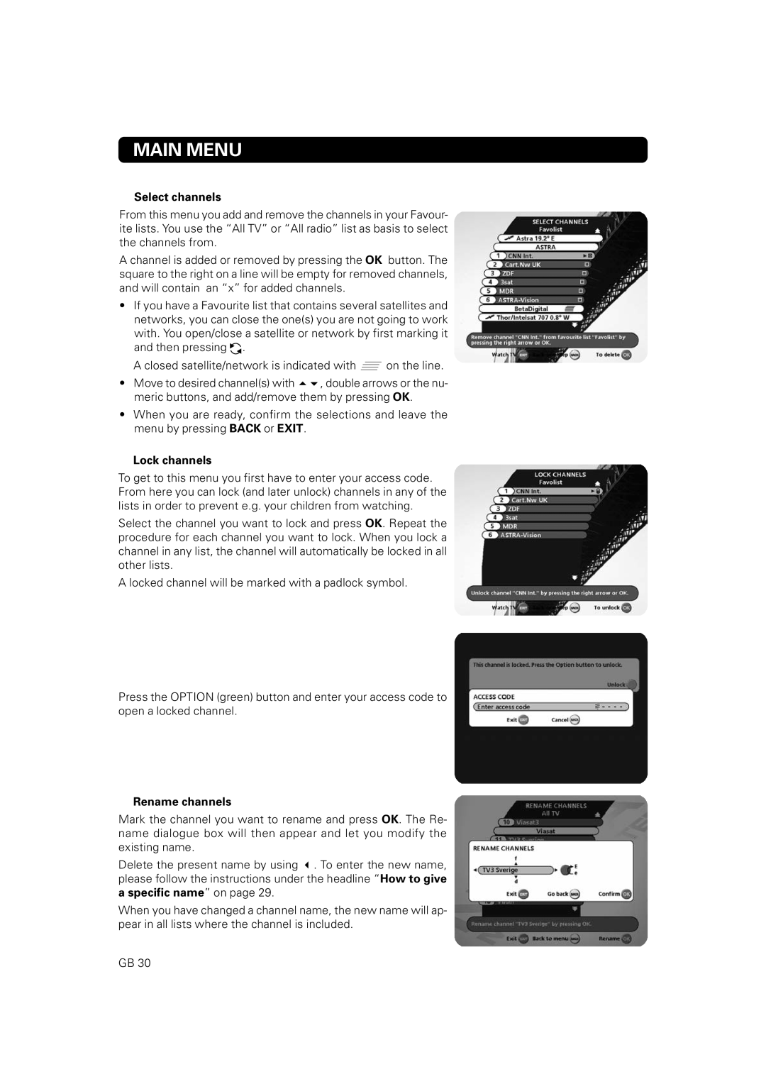 Nokia 9802 S owner manual Main Menu, Select channels, Lock channels, Rename channels 