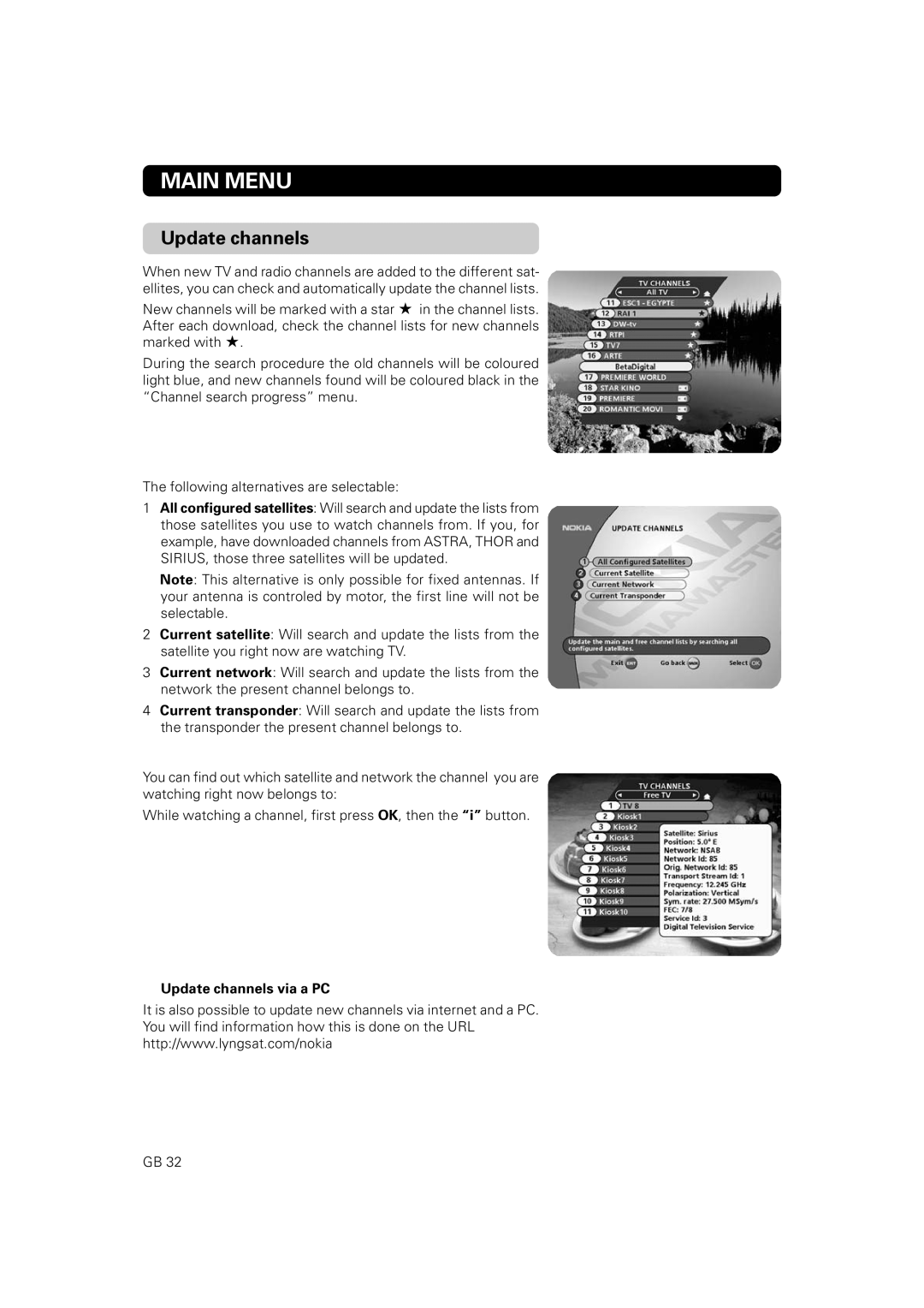 Nokia 9802 S owner manual Main Menu, Update channels via a PC 