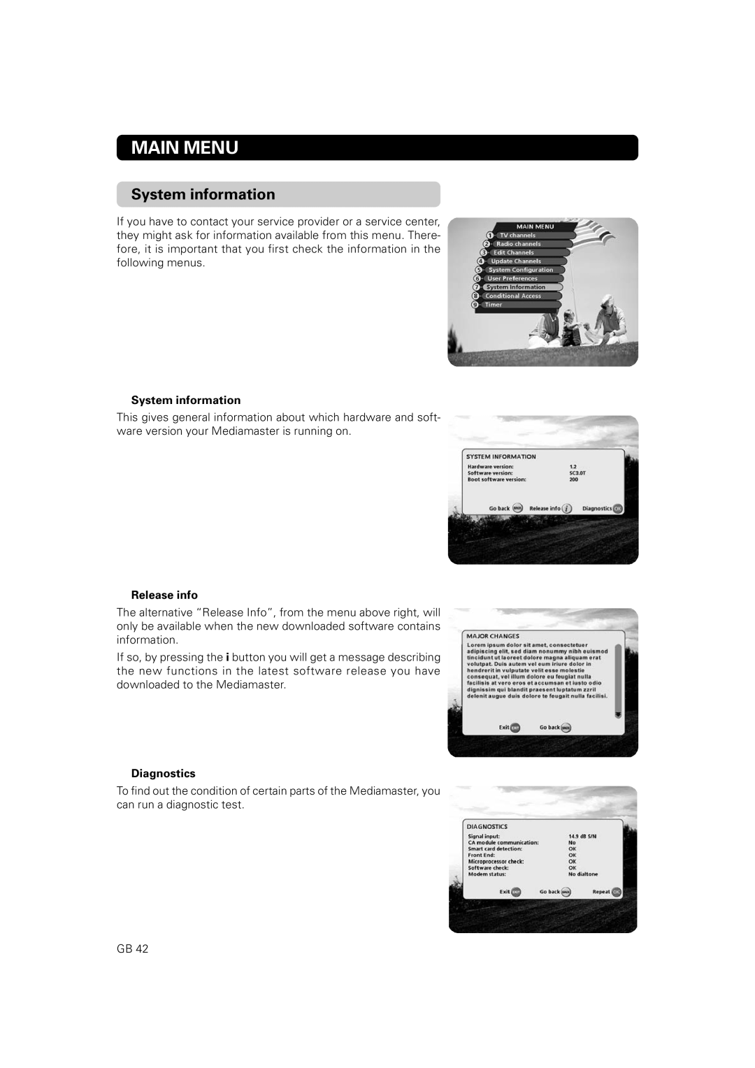 Nokia 9802 S owner manual System information, Main Menu, Release info, Diagnostics 