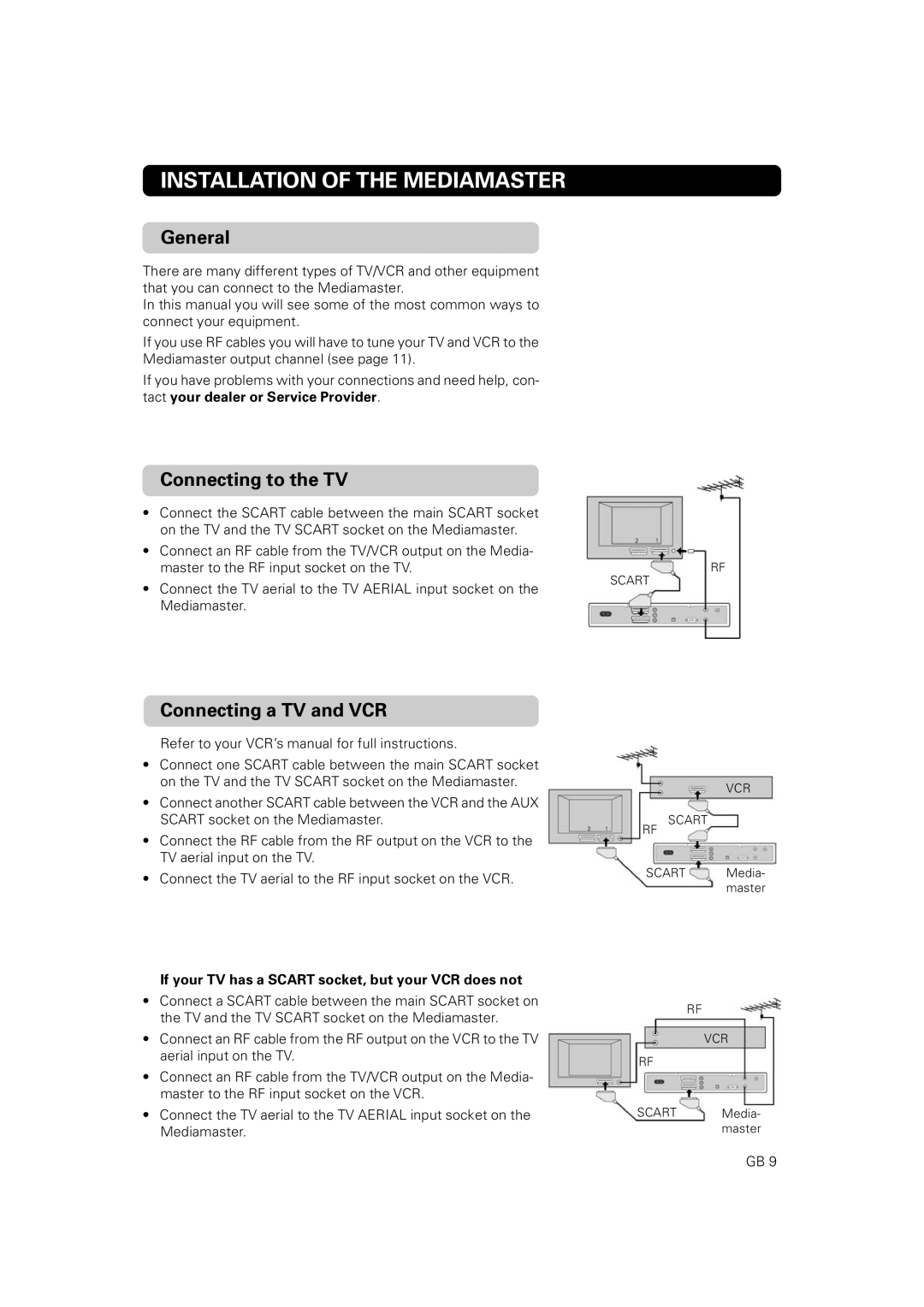 Nokia 9802 S owner manual General, Connecting to the TV, Connecting a TV and VCR, Installation Of The Mediamaster 
