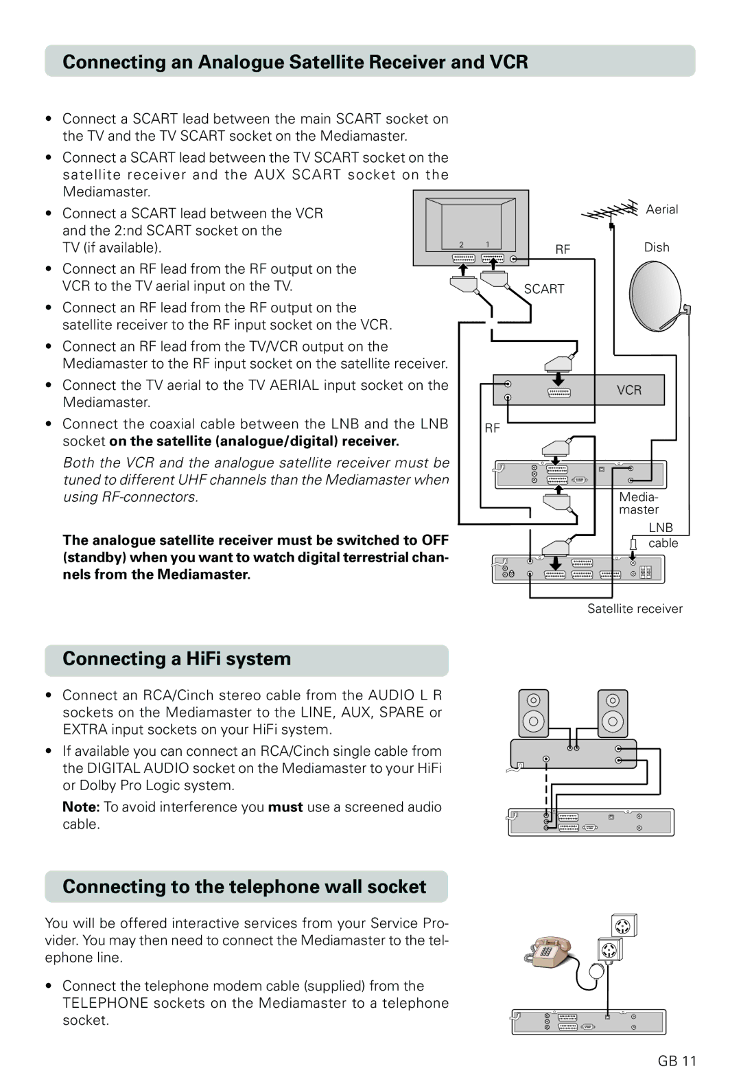 Nokia 9820 T owner manual Connecting an Analogue Satellite Receiver and VCR, Connecting a HiFi system 