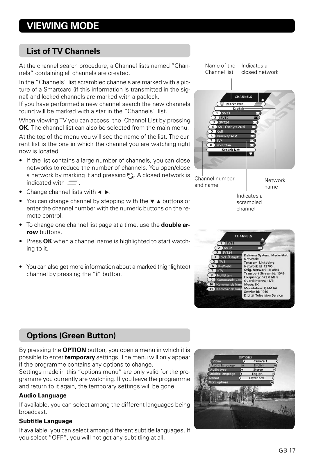 Nokia 9820 T owner manual List of TV Channels, Options Green Button, Audio Language, Subtitle Language 