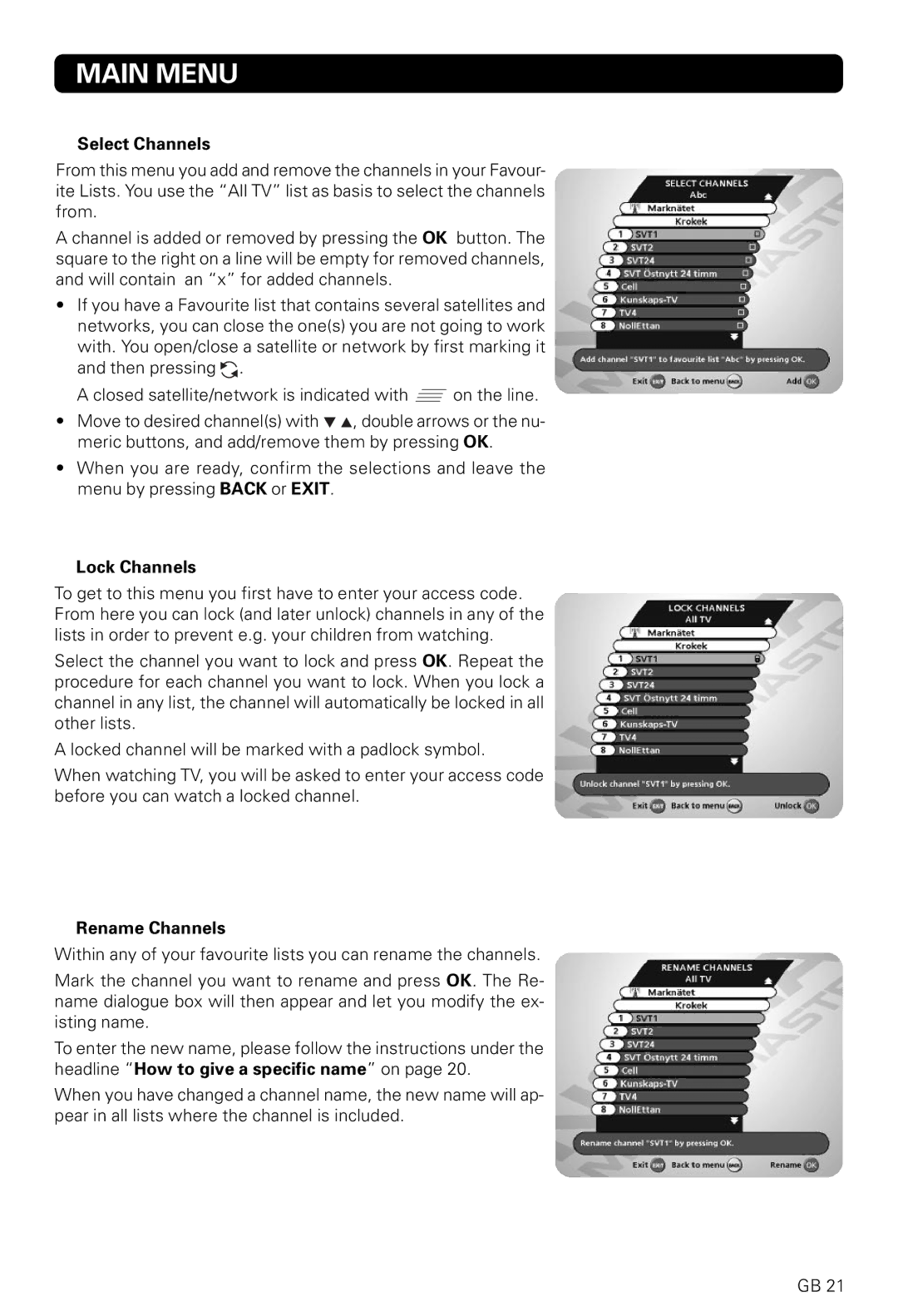 Nokia 9820 T owner manual Select Channels, Lock Channels, Rename Channels 