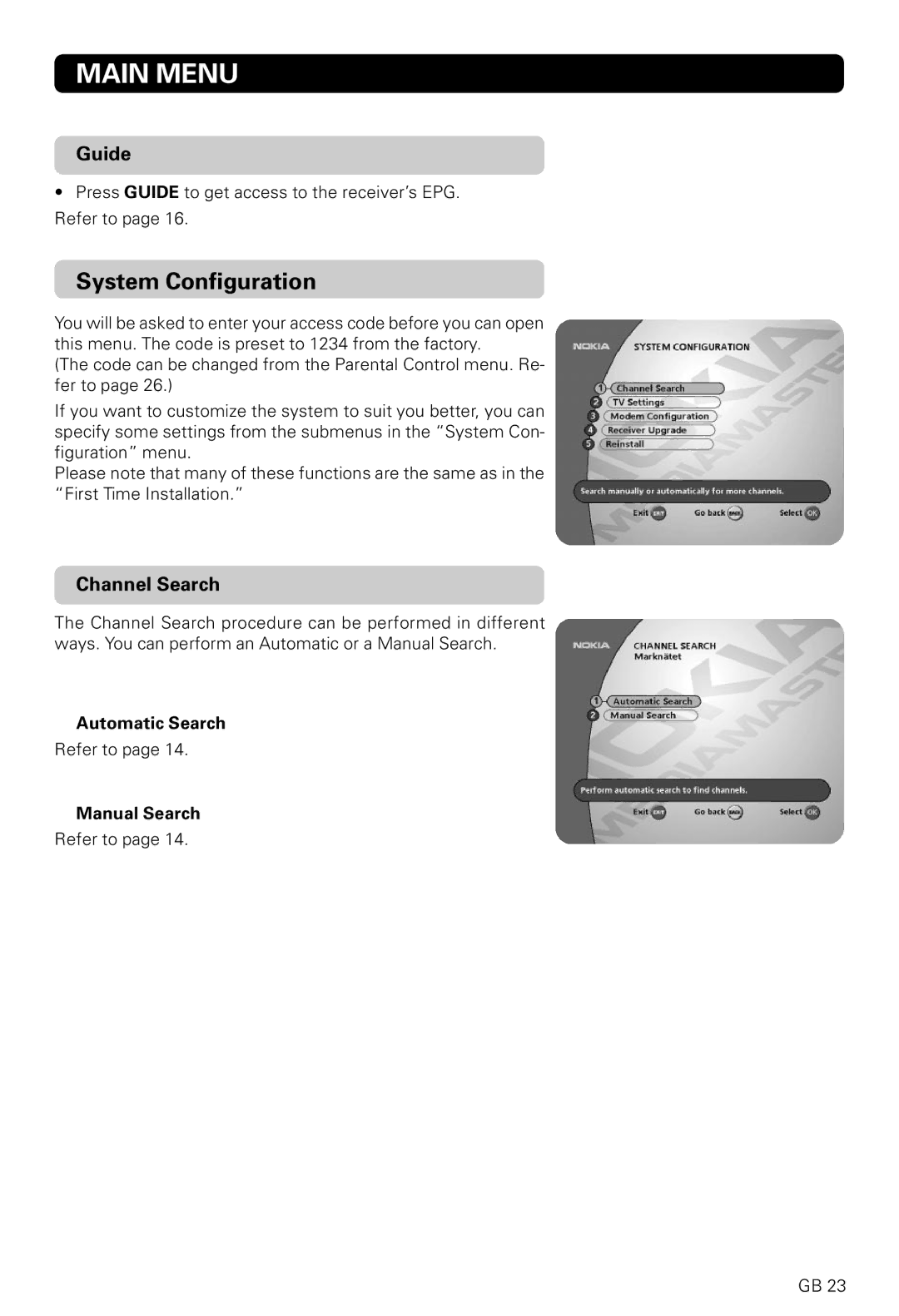 Nokia 9820 T owner manual System Configuration, Channel Search 