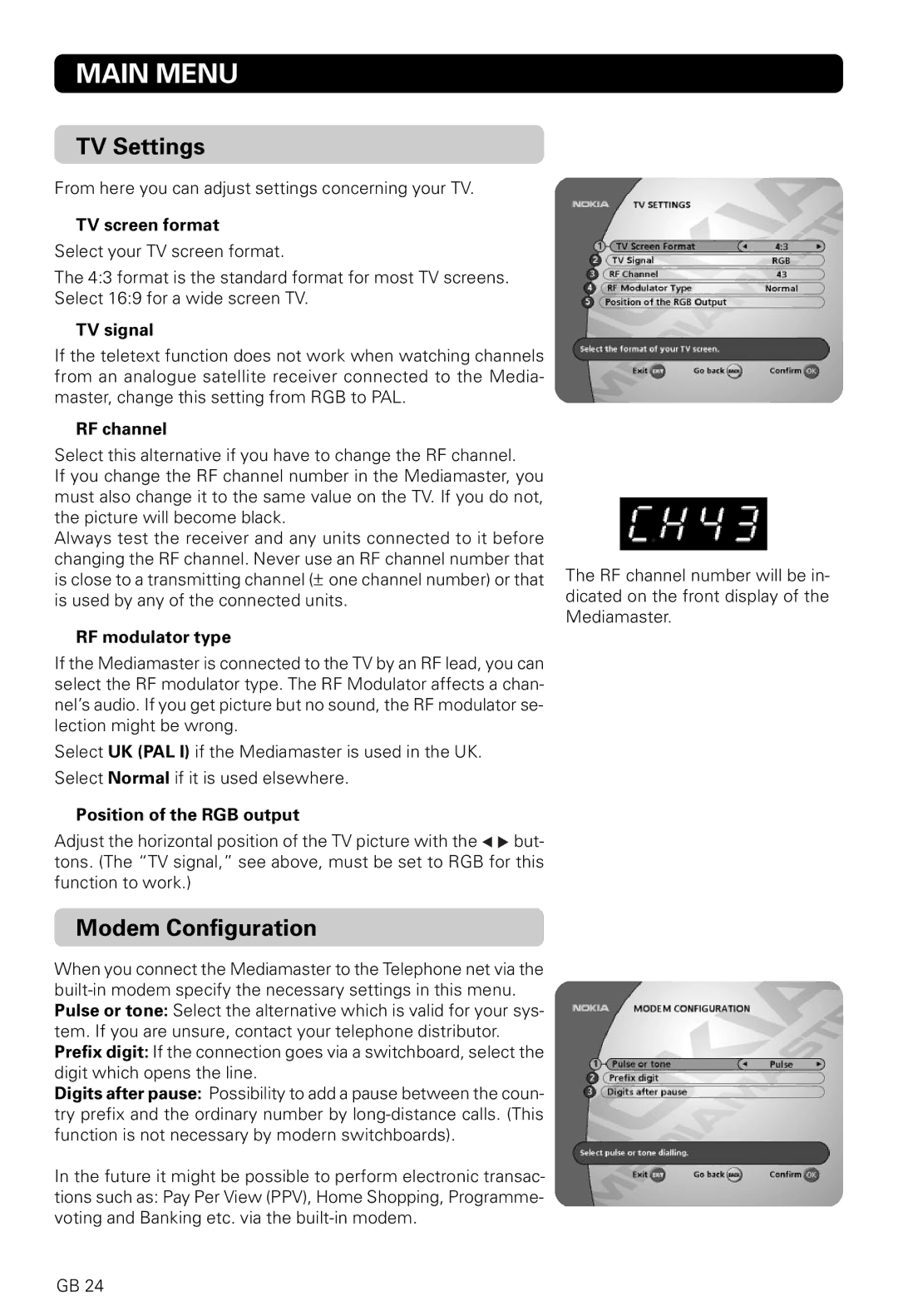 Nokia 9820 T owner manual TV Settings, Modem Configuration 