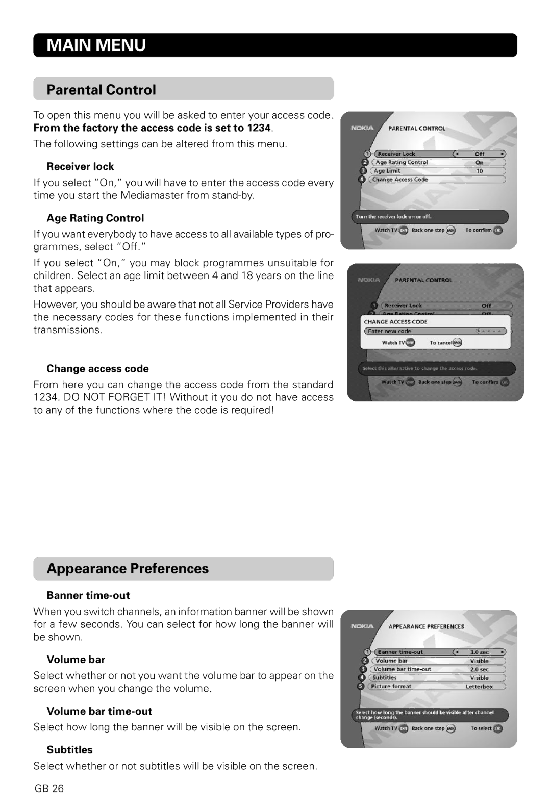 Nokia 9820 T owner manual Parental Control, Appearance Preferences 