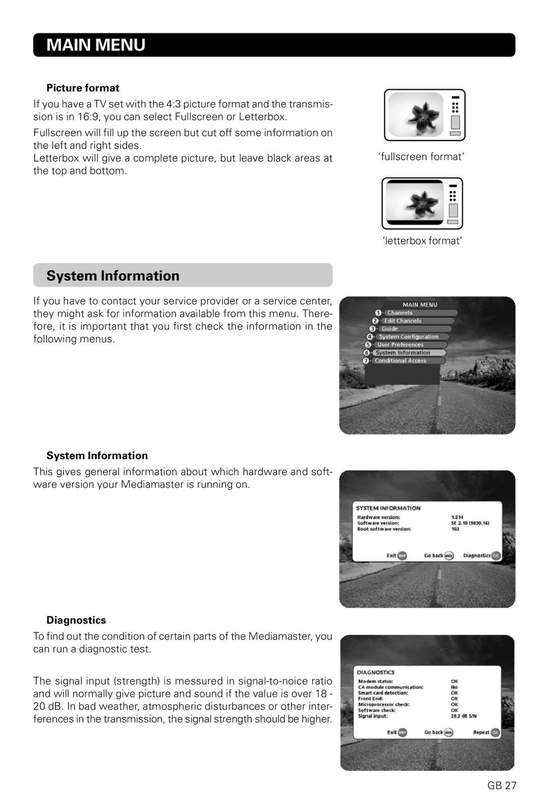 Nokia 9820 T owner manual System Information, Picture format, Diagnostics 