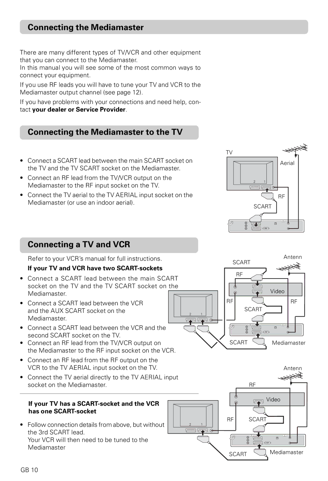 Nokia 9820 T Connecting the Mediamaster to the TV, Connecting a TV and VCR, If your TV and VCR have two SCART-sockets 