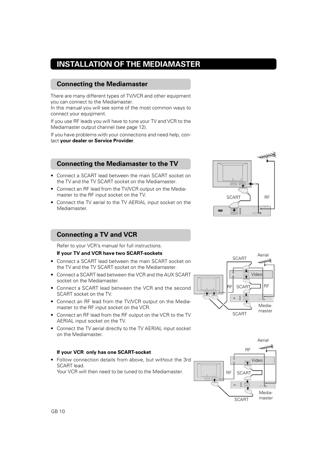 Nokia 9828 Connecting the Mediamaster to the TV, Connecting a TV and VCR, If your TV and VCR have two SCART-sockets 