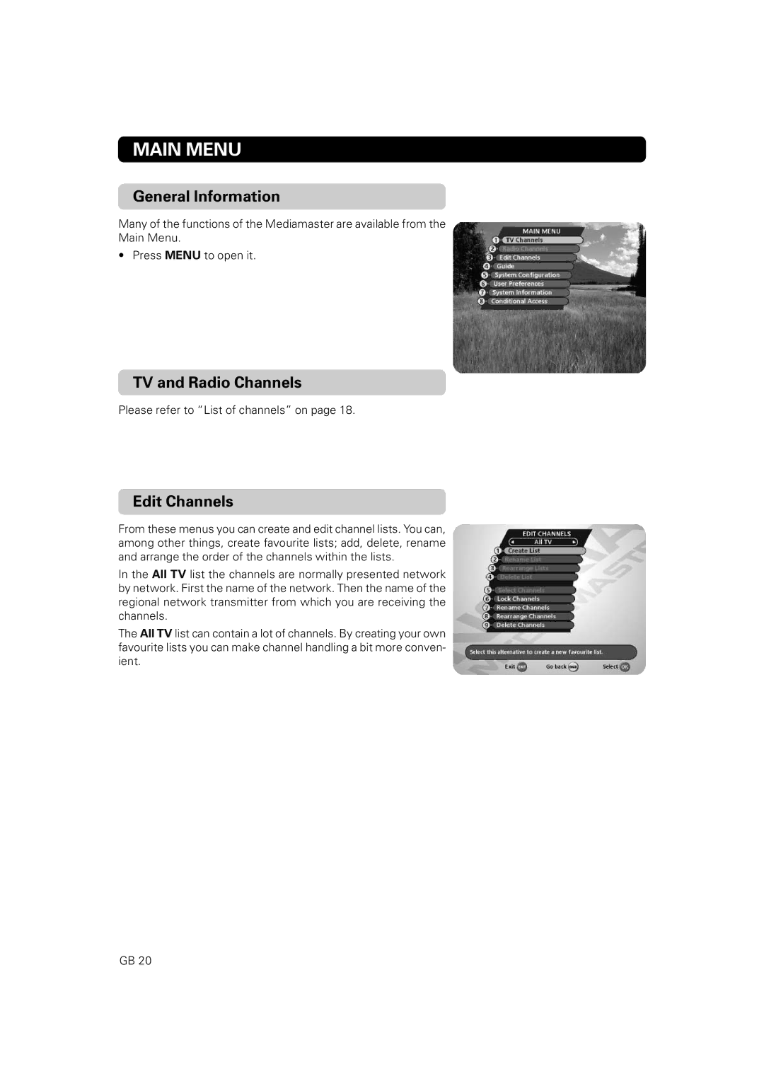 Nokia 9828 owner manual Main Menu, TV and Radio Channels, Edit Channels 