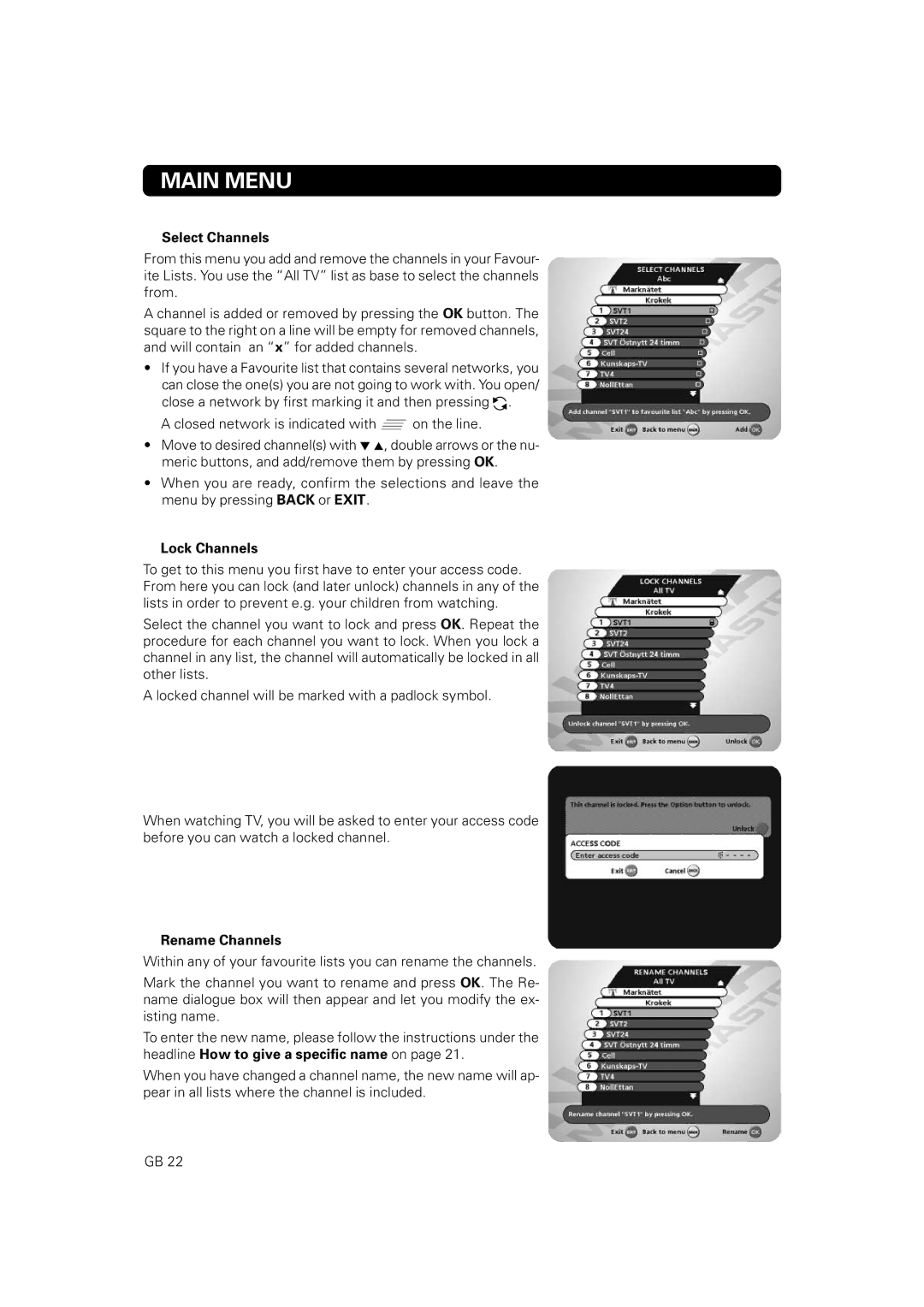 Nokia 9828 owner manual Select Channels, Lock Channels, Rename Channels 