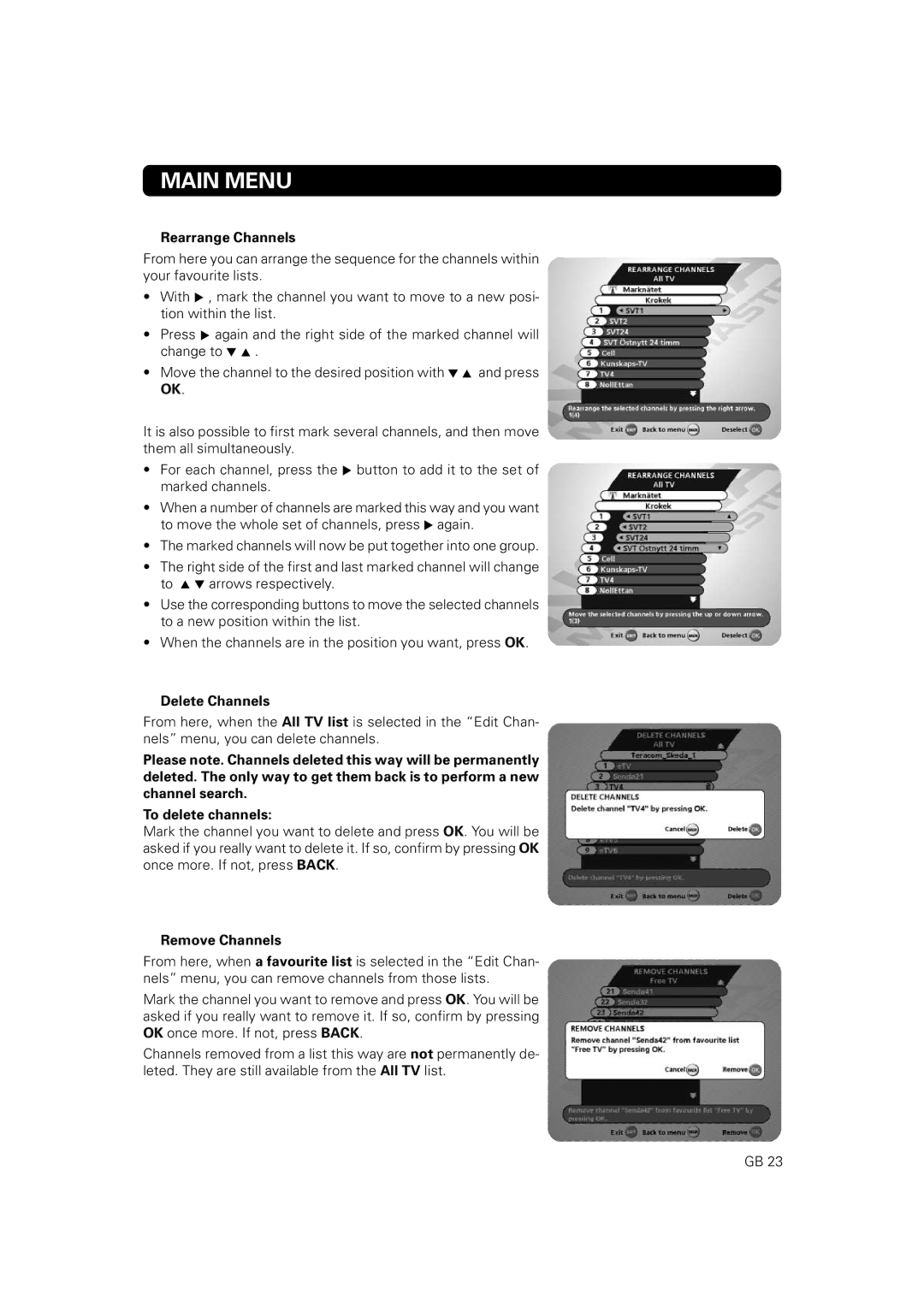 Nokia 9828 owner manual Rearrange Channels, Delete Channels, Remove Channels 