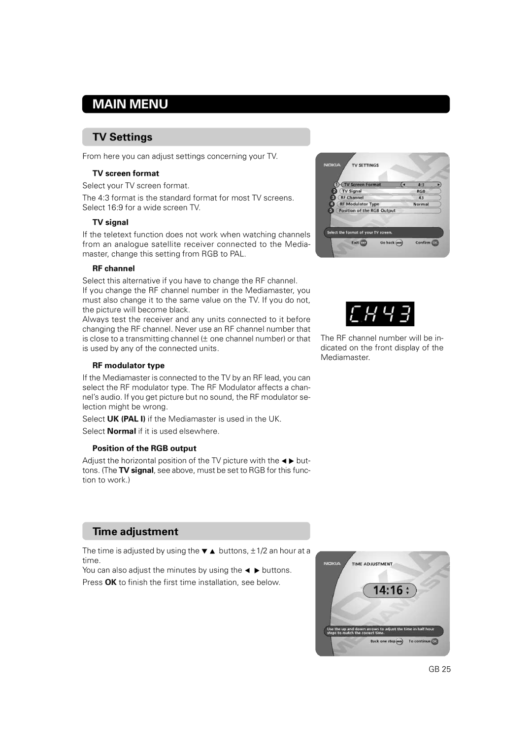 Nokia 9828 owner manual TV Settings 