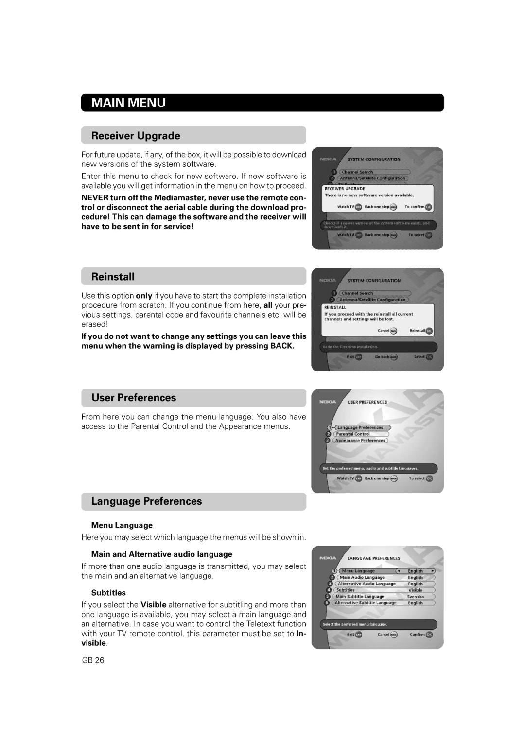 Nokia 9828 owner manual Receiver Upgrade, Reinstall, User Preferences, Language Preferences 