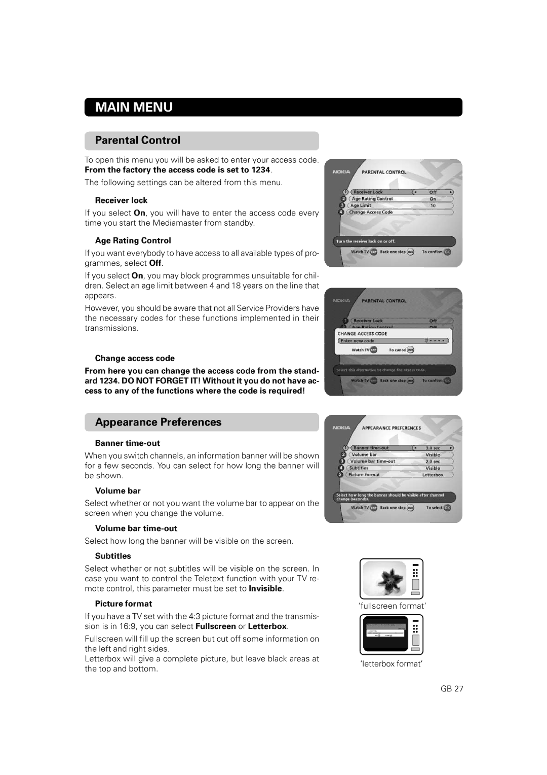 Nokia 9828 owner manual Parental Control, Appearance Preferences 