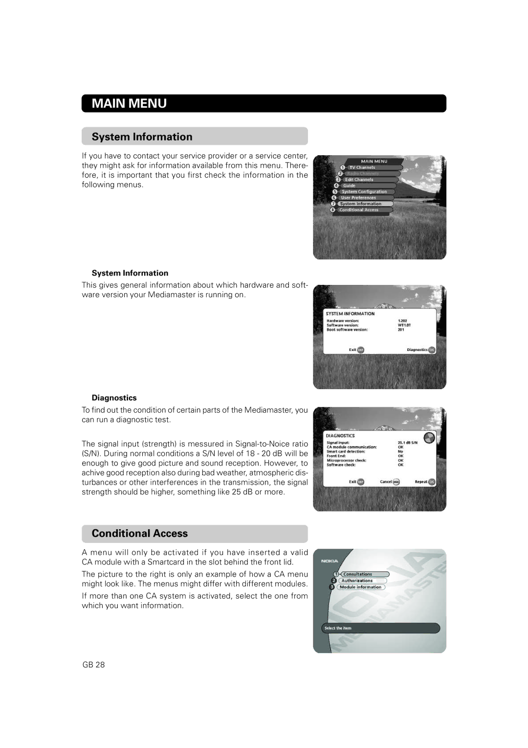 Nokia 9828 owner manual System Information, Conditional Access, Diagnostics 