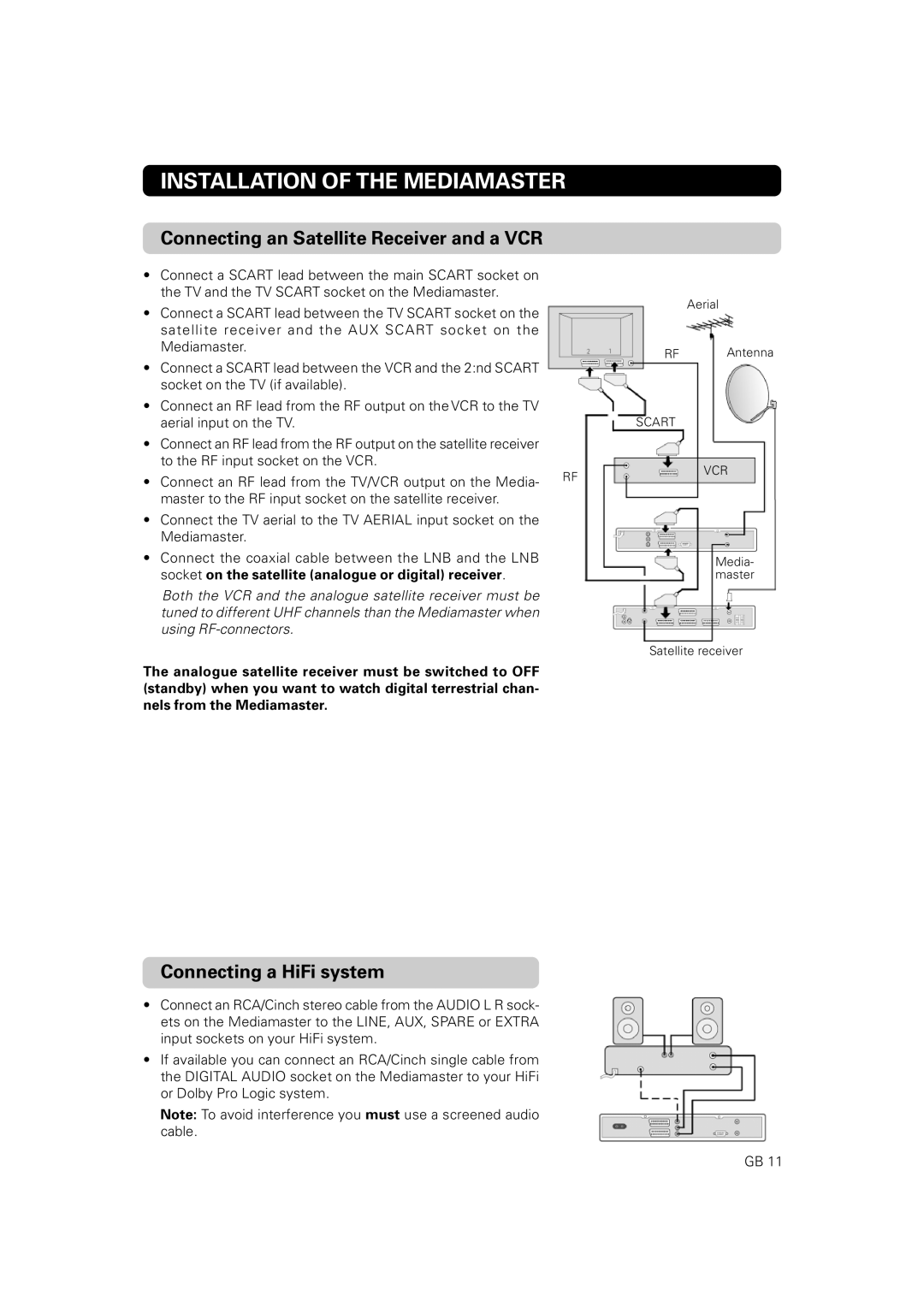 Nokia 9828 Connecting an Satellite Receiver and a VCR, Connecting a HiFi system, Installation Of The Mediamaster 