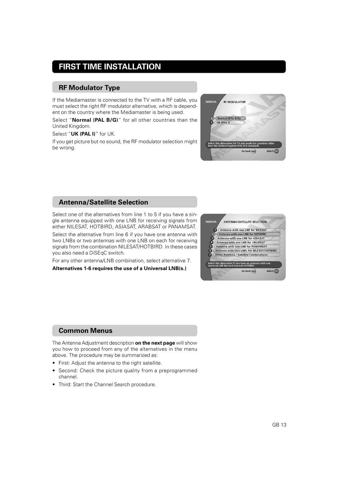 Nokia 9860 S owner manual RF Modulator Type, Antenna/Satellite Selection, Common Menus 